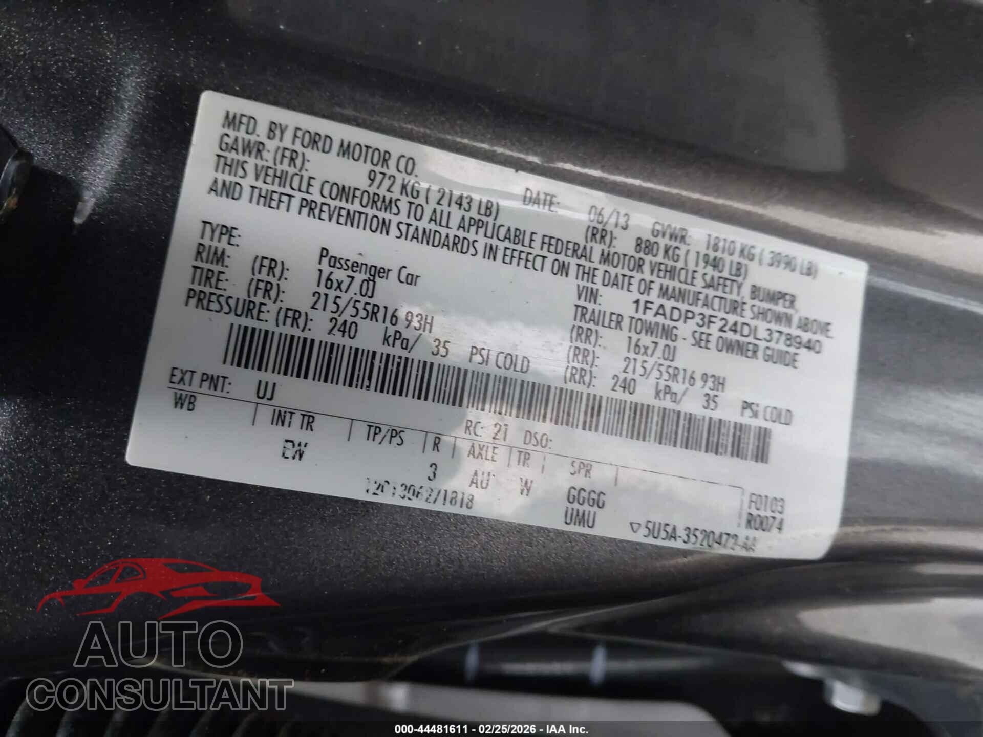 FORD FOCUS 2013 - 1FADP3F24DL378940
