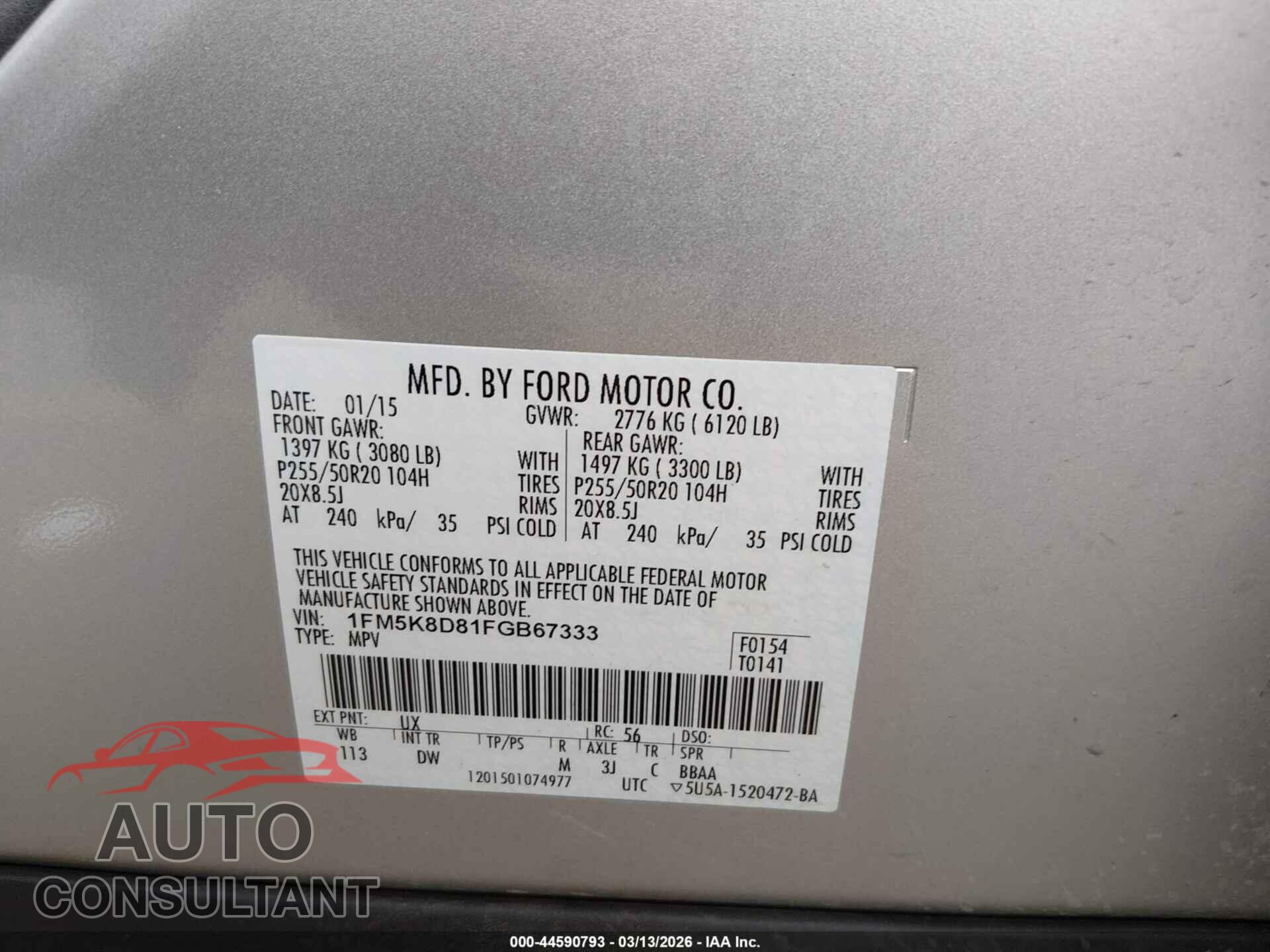 FORD EXPLORER 2015 - 1FM5K8D81FGB67333