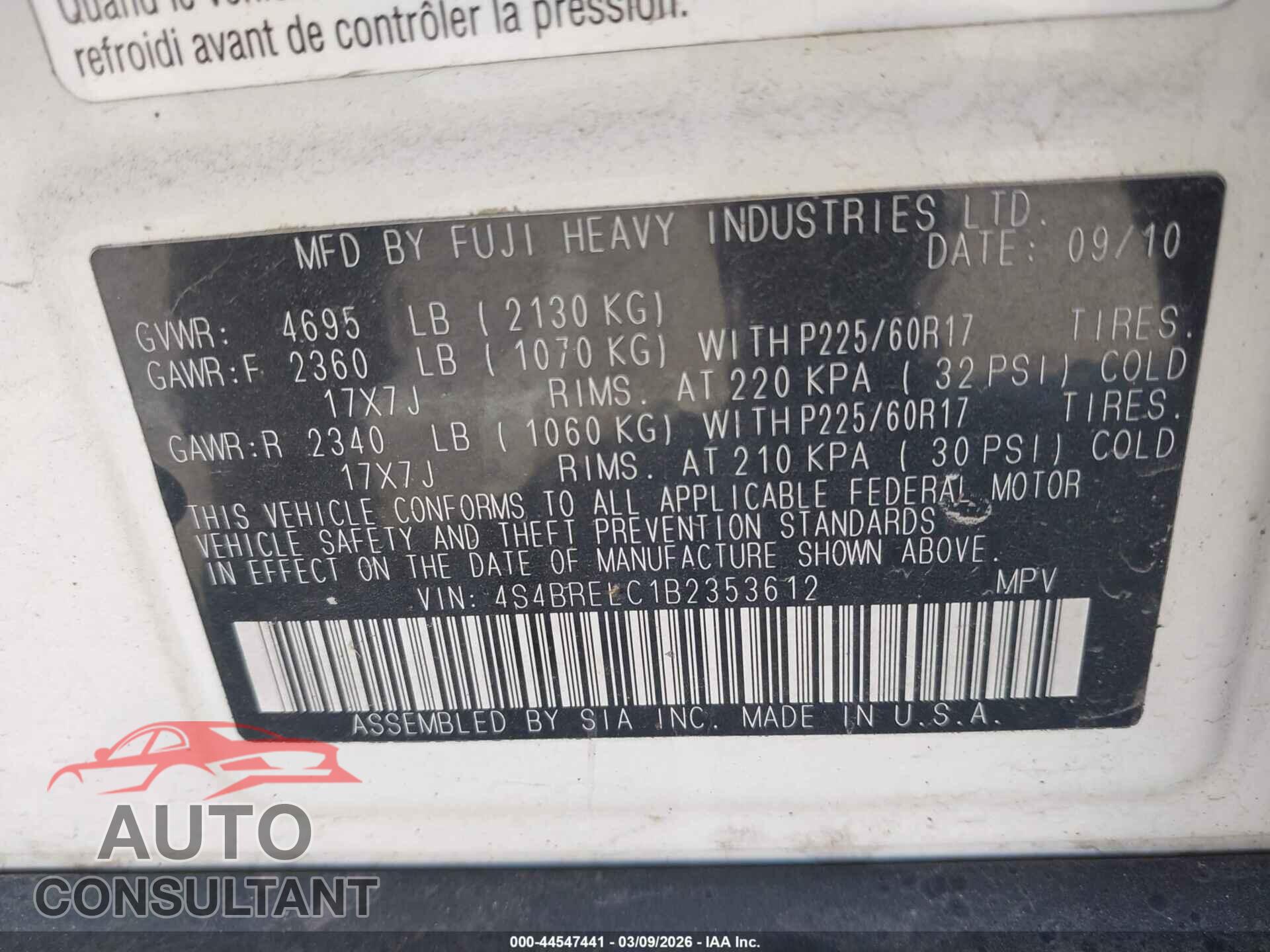 SUBARU OUTBACK 2011 - 4S4BRELC1B2353612