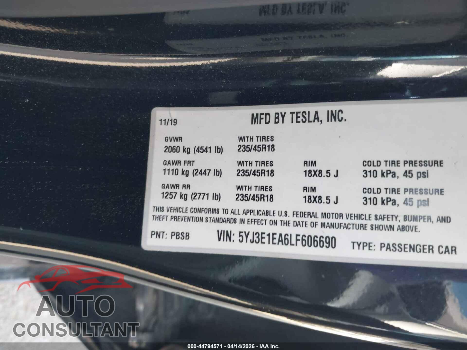 TESLA MODEL 3 2020 - 5YJ3E1EA6LF606690