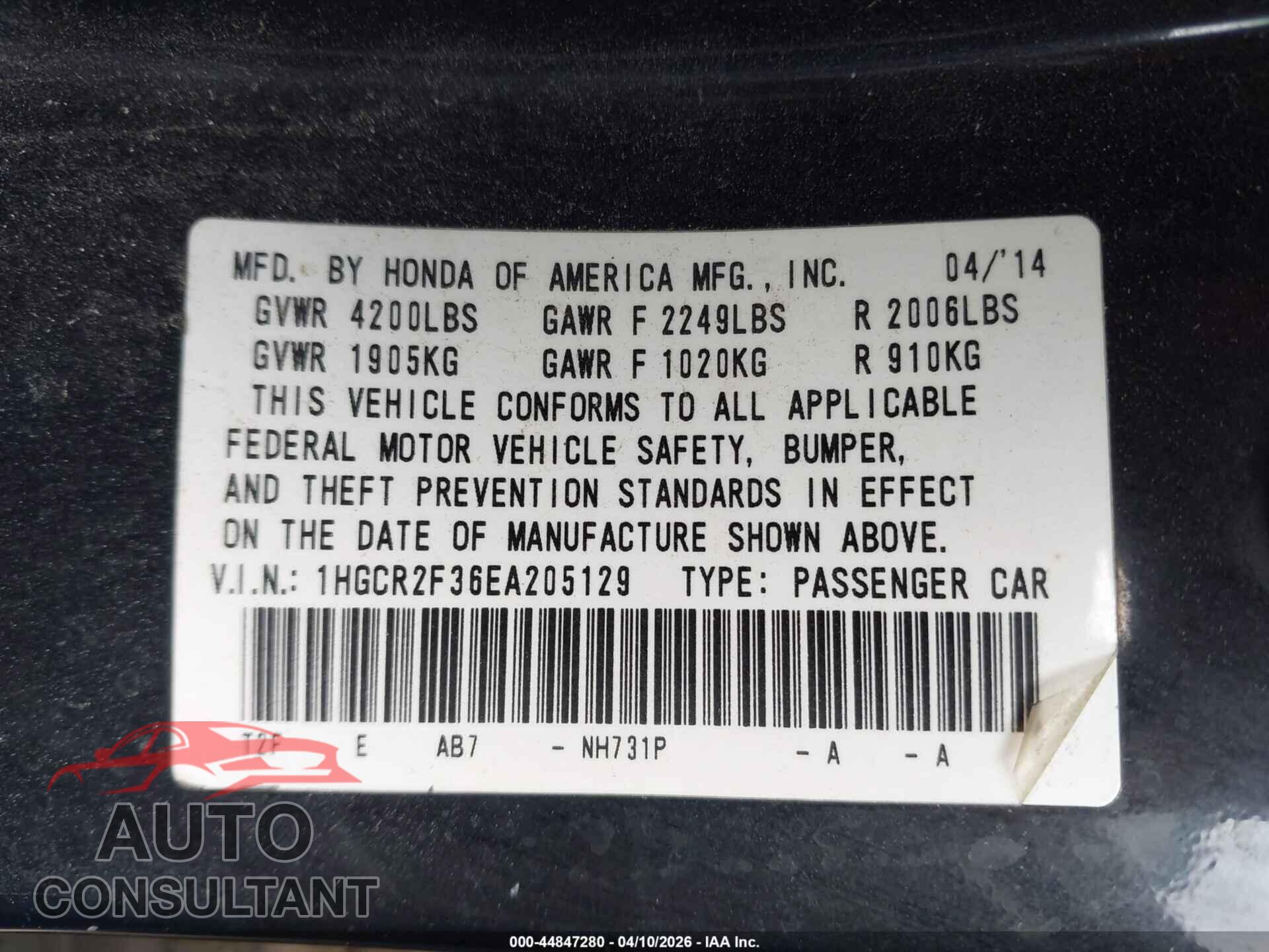 HONDA ACCORD 2014 - 1HGCR2F36EA205129
