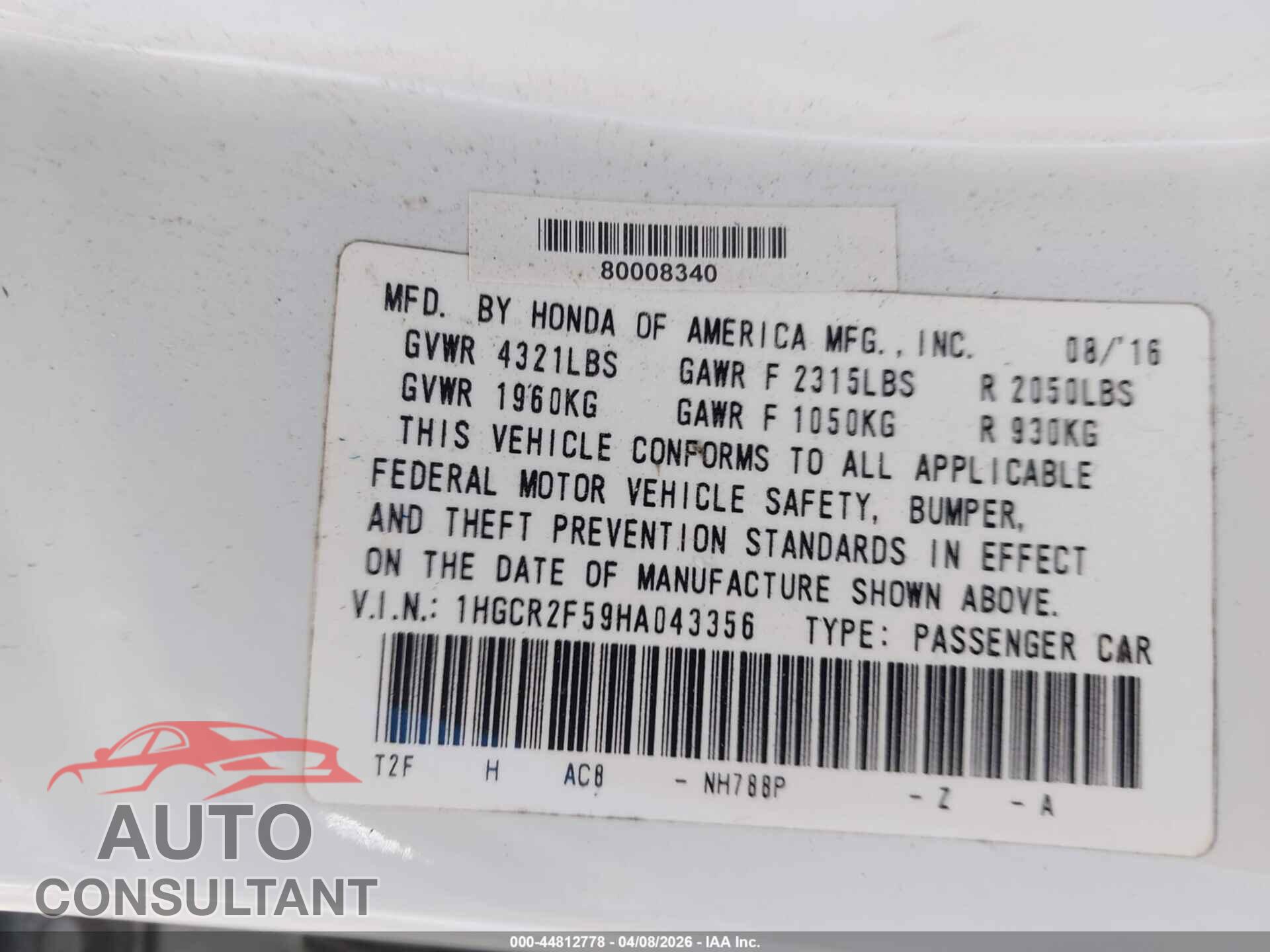 HONDA ACCORD 2017 - 1HGCR2F59HA043356