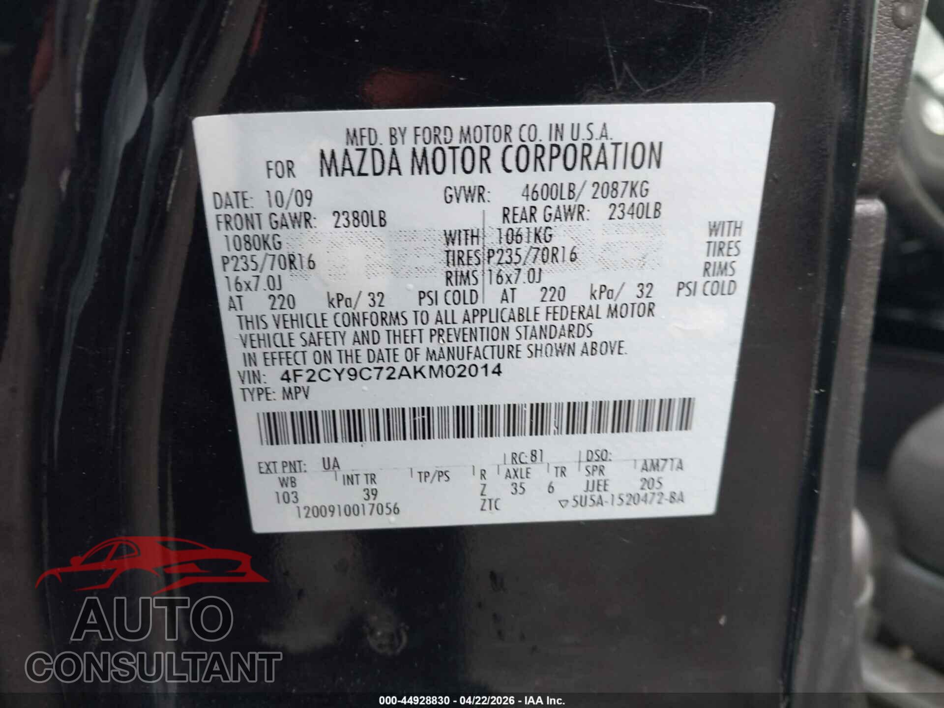 MAZDA TRIBUTE 2010 - 4F2CY9C72AKM02014