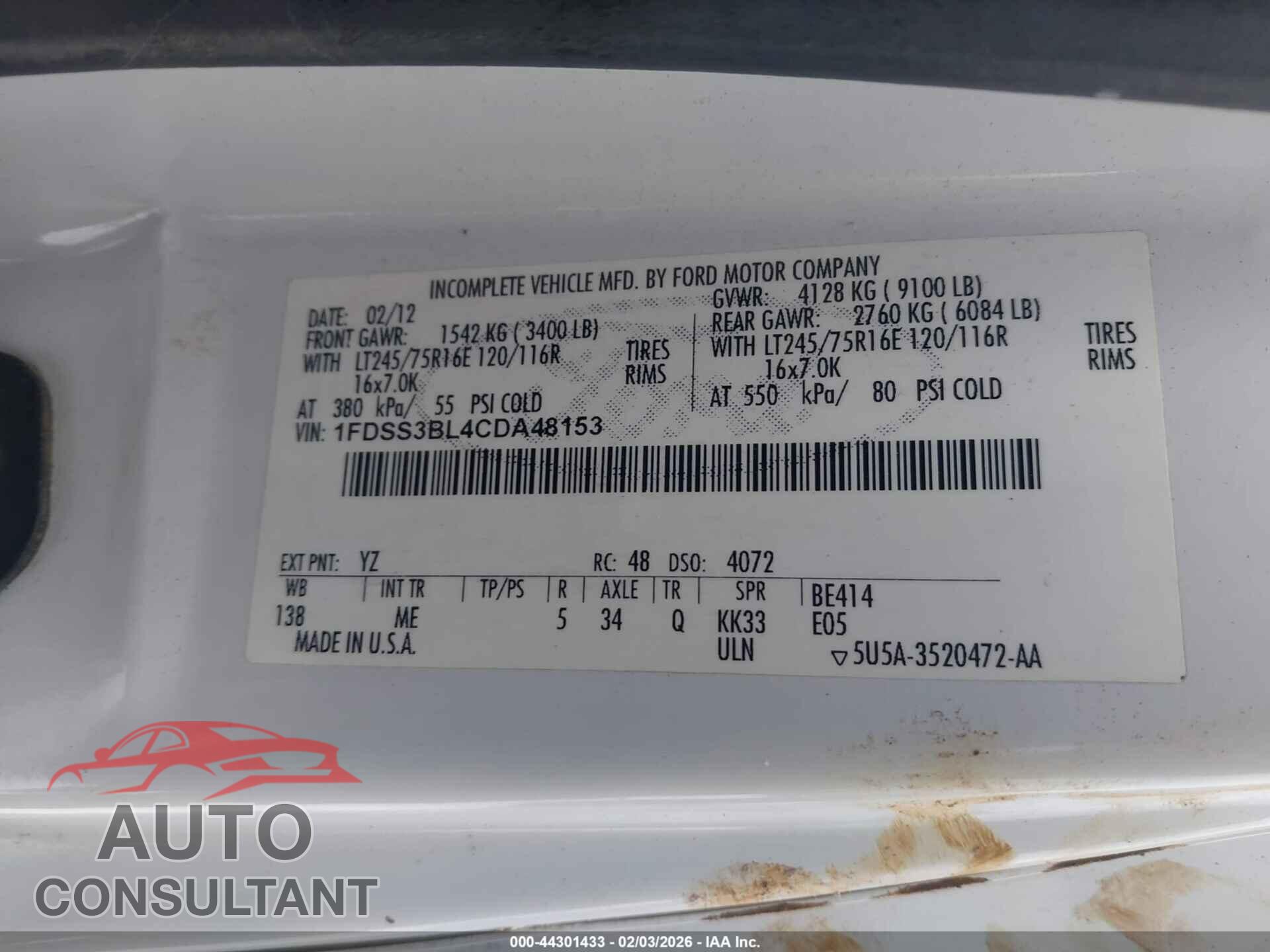 FORD E-350 SUPER DUTY 2012 - 1FDSS3BL4CDA48153