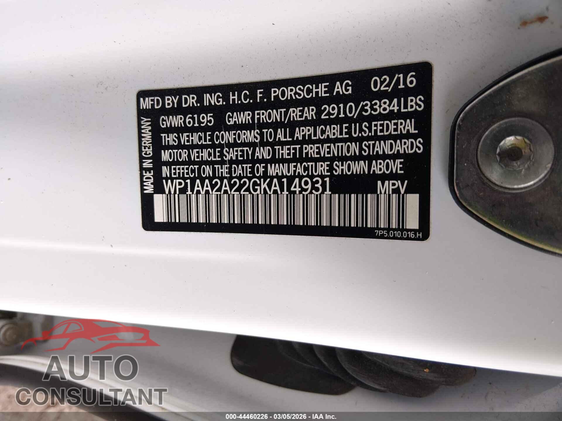 PORSCHE CAYENNE 2016 - WP1AA2A22GKA14931