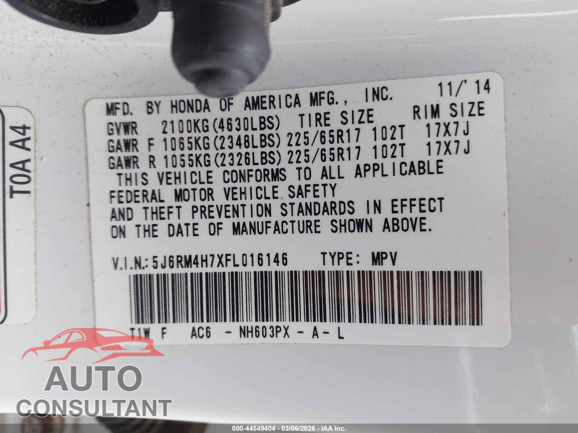 HONDA CR-V 2015 - 5J6RM4H7XFL016146