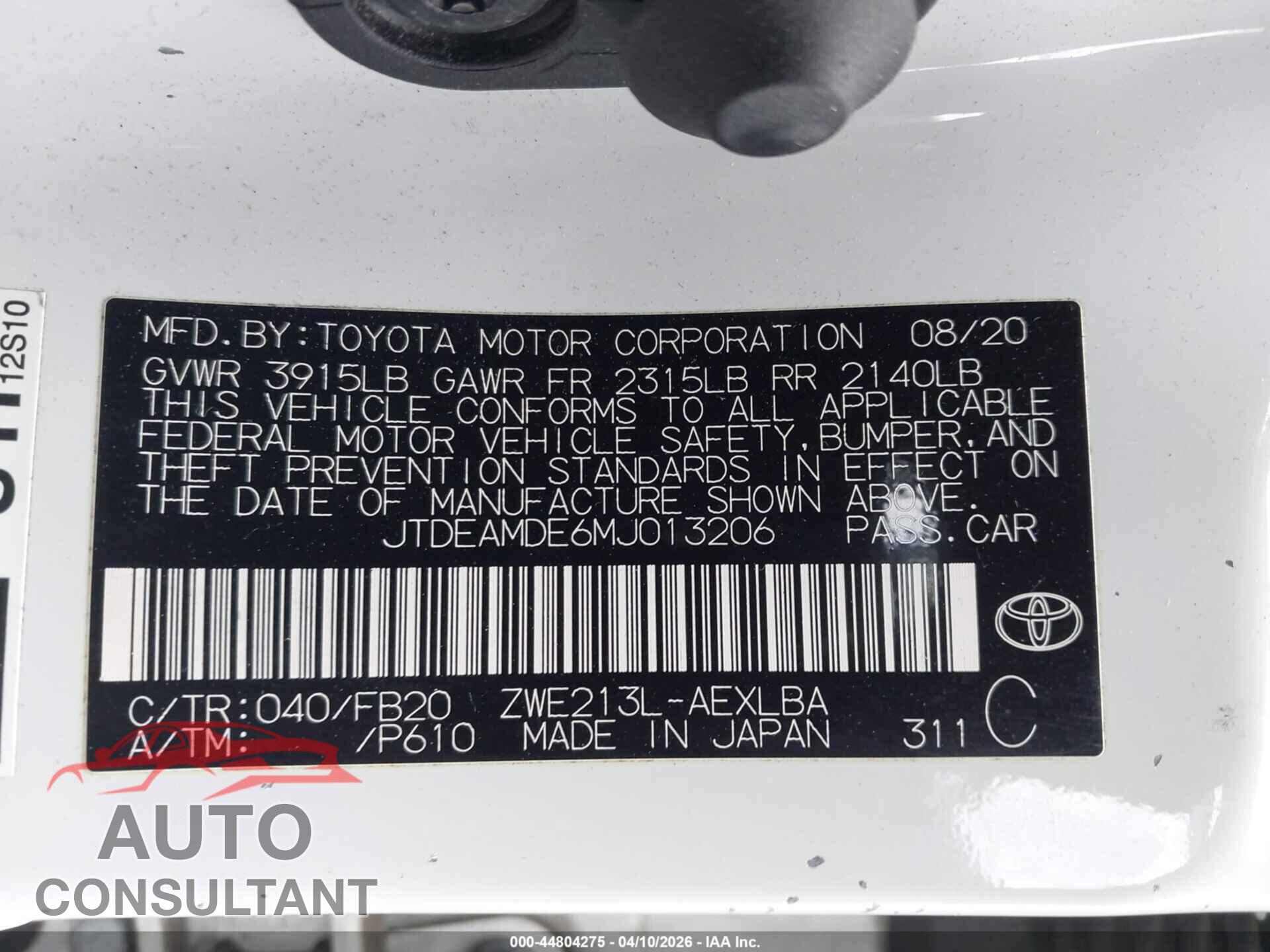 TOYOTA COROLLA 2021 - JTDEAMDE6MJ013206