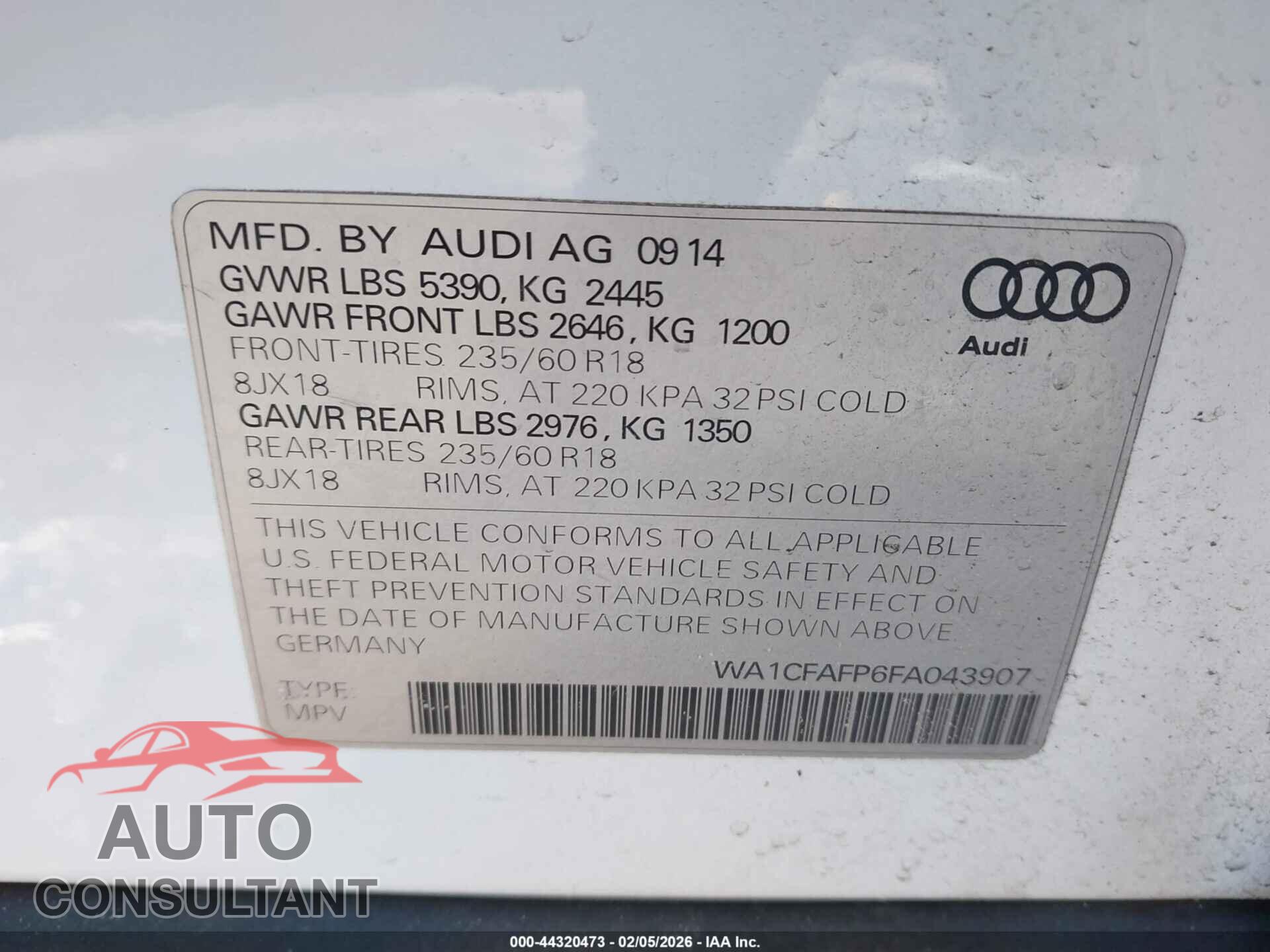 AUDI Q5 2015 - WA1CFAFP6FA043907