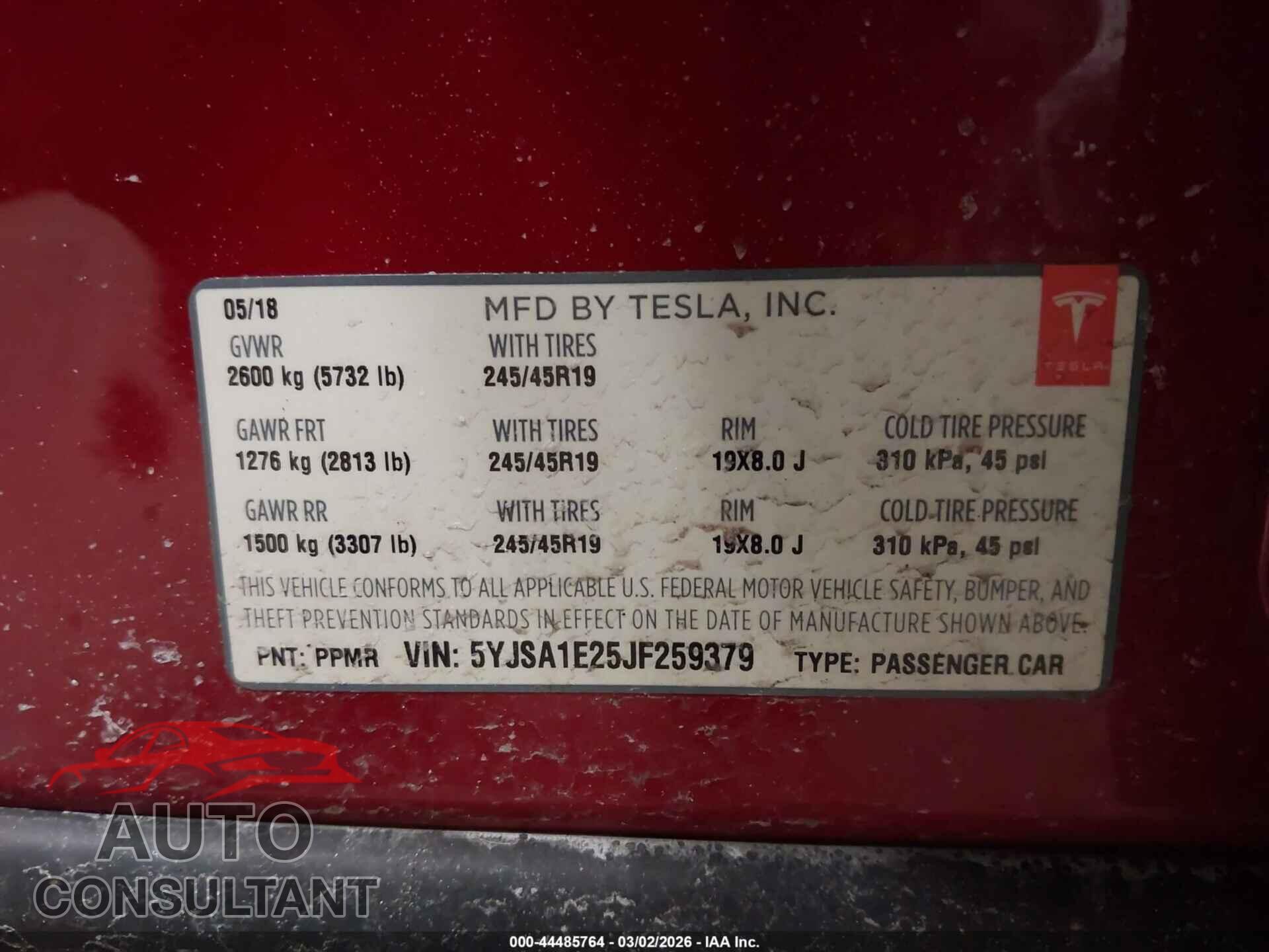 TESLA MODEL S 2018 - 5YJSA1E25JF259379