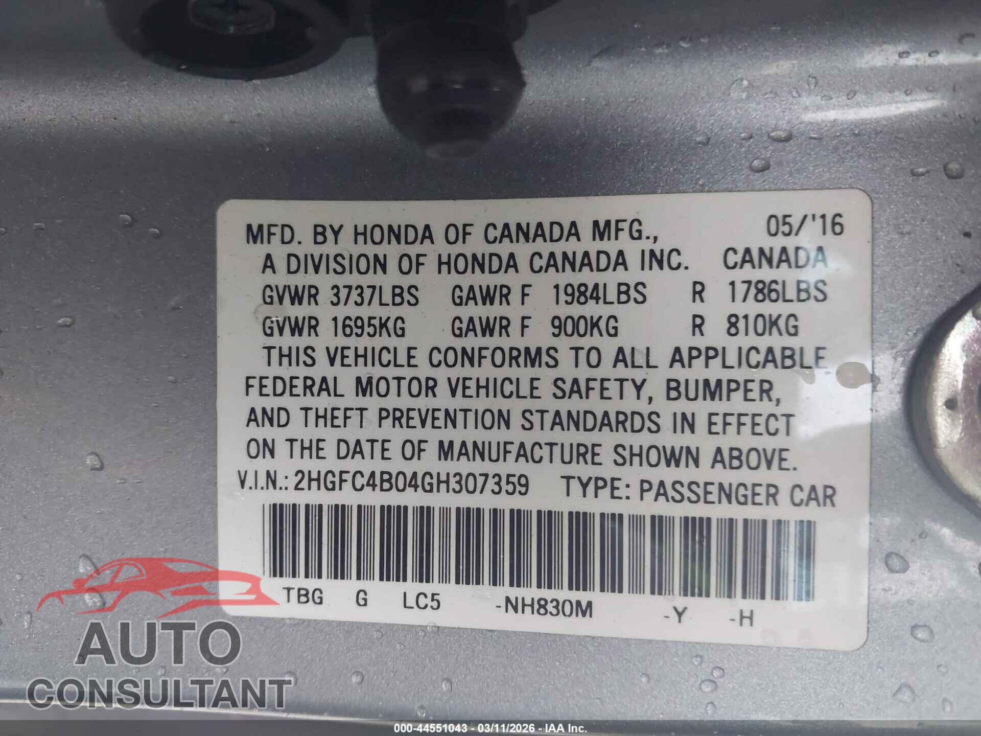HONDA CIVIC 2016 - 2HGFC4B04GH307359