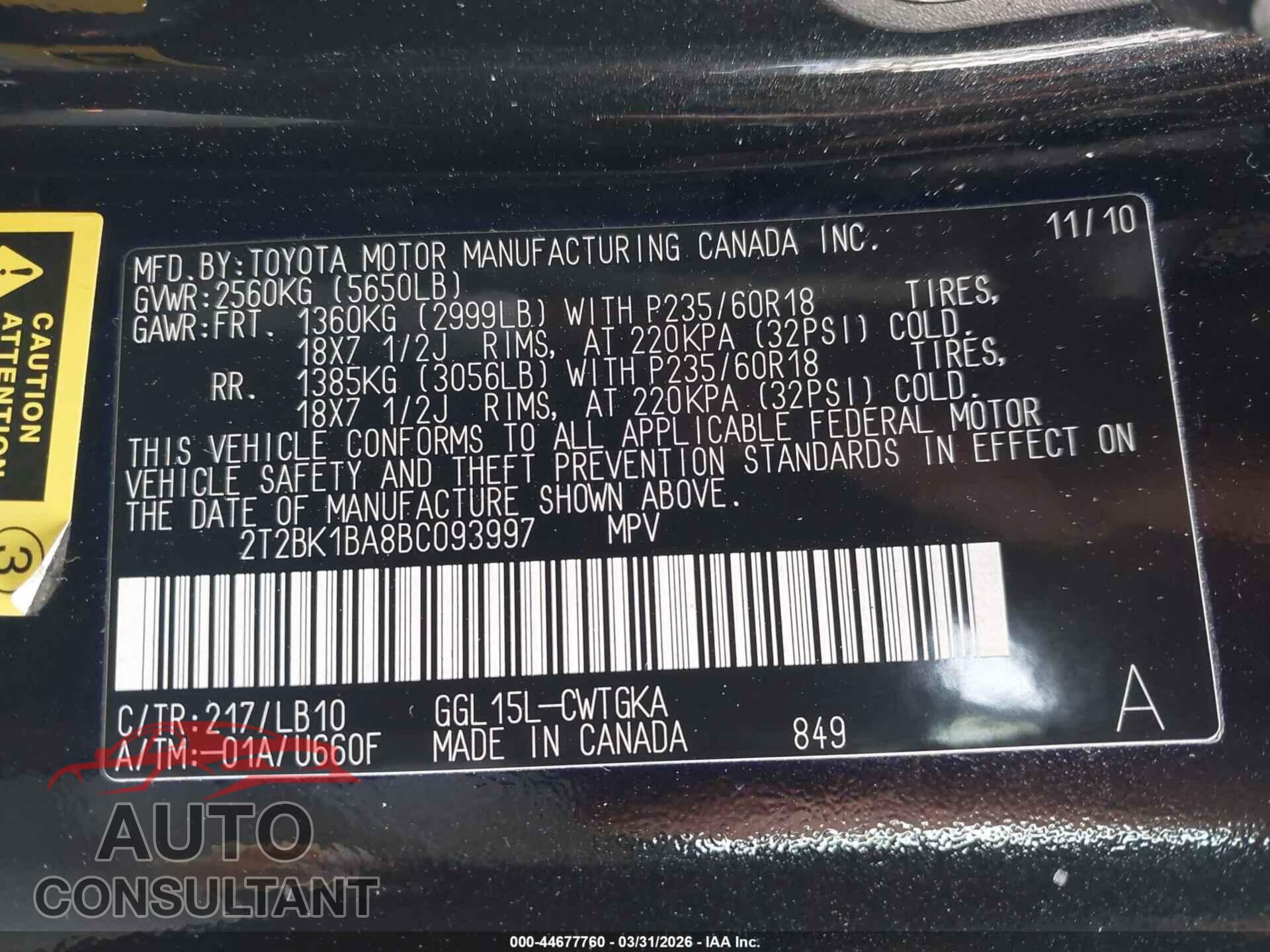 LEXUS RX 350 2011 - 2T2BK1BA8BC093997