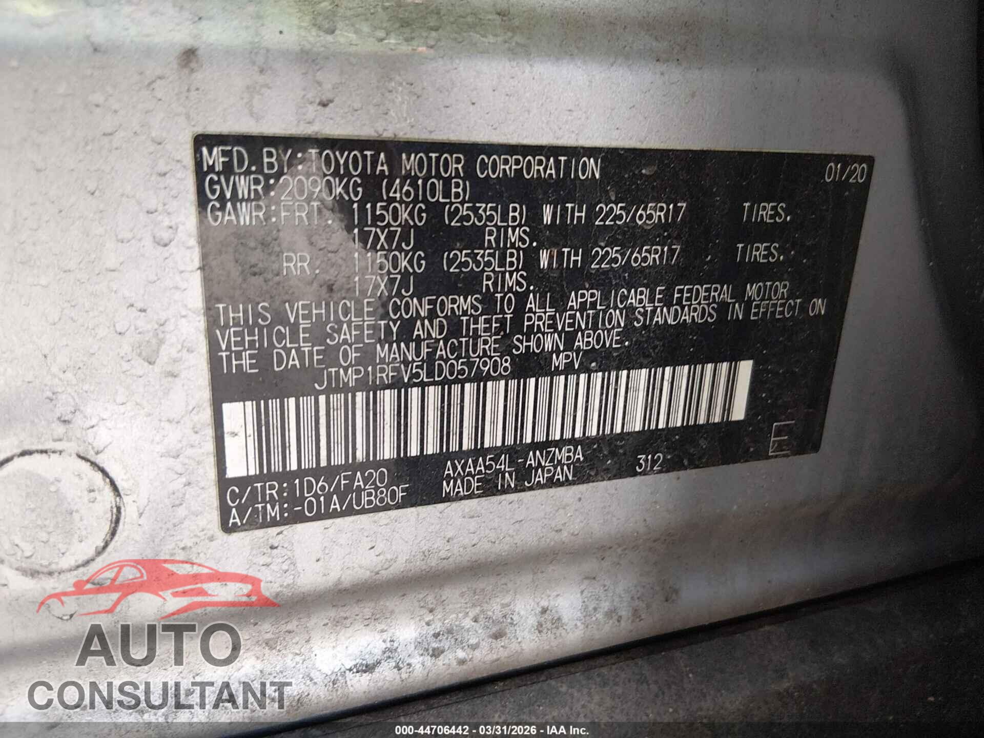 TOYOTA RAV4 2020 - JTMP1RFV5LD057908