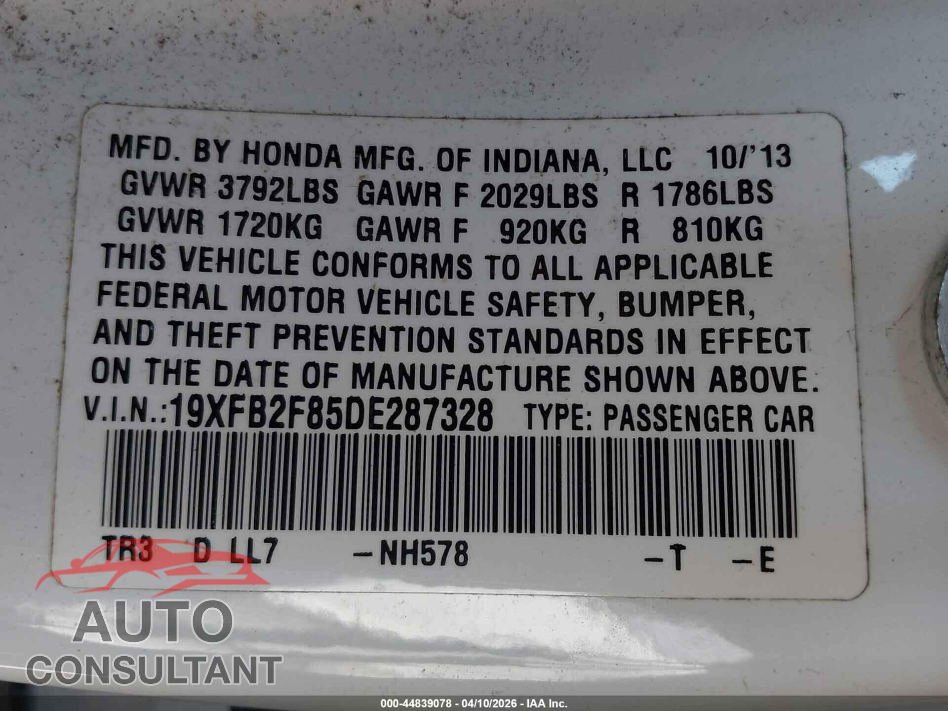 HONDA CIVIC 2013 - 19XFB2F85DE287328