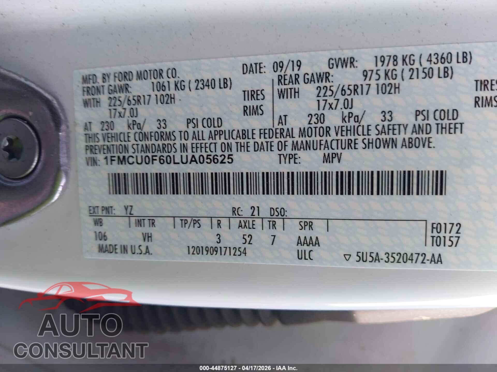FORD ESCAPE 2020 - 1FMCU0F60LUA05625