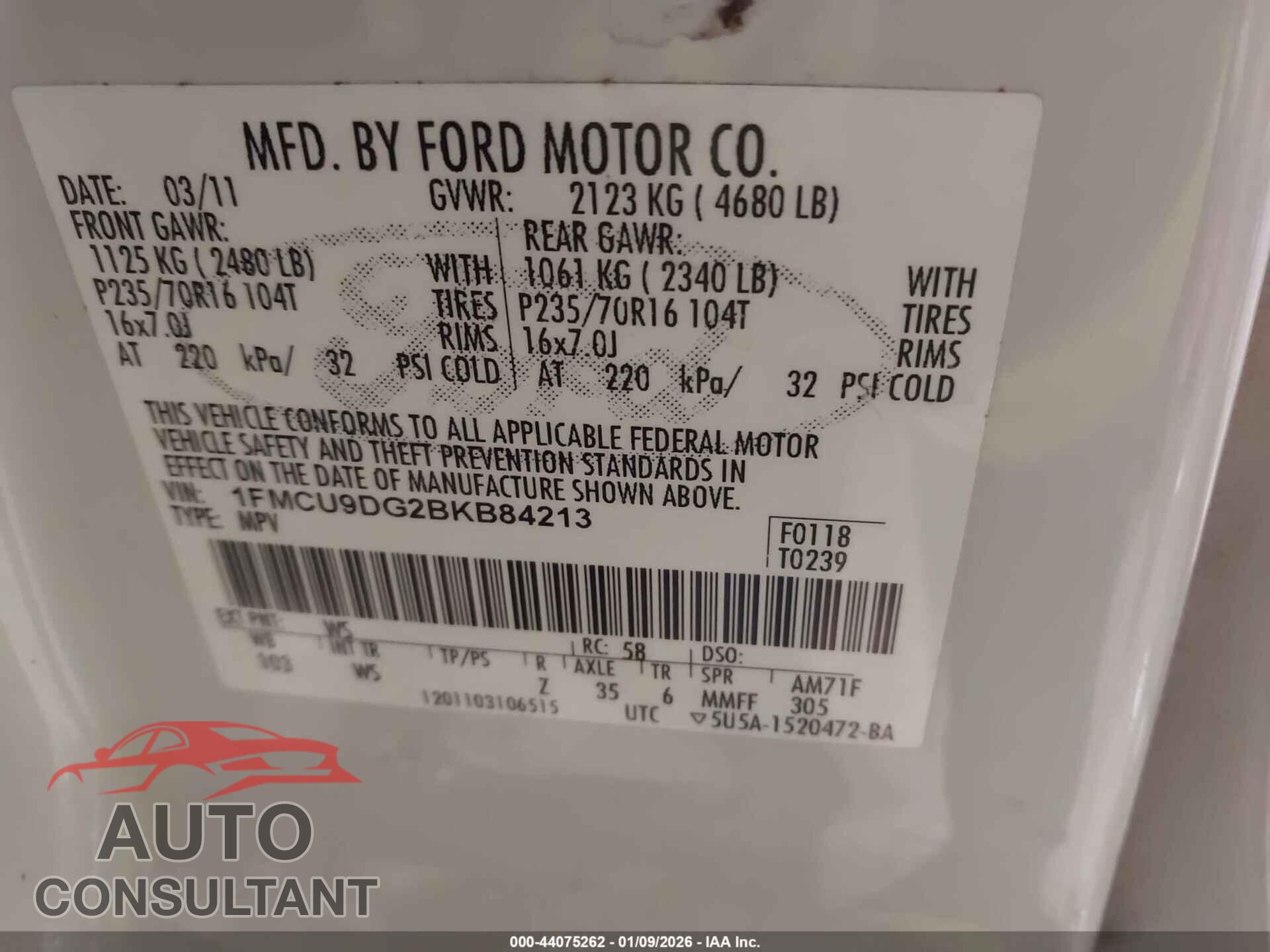 FORD ESCAPE 2011 - 1FMCU9DG2BKB84213