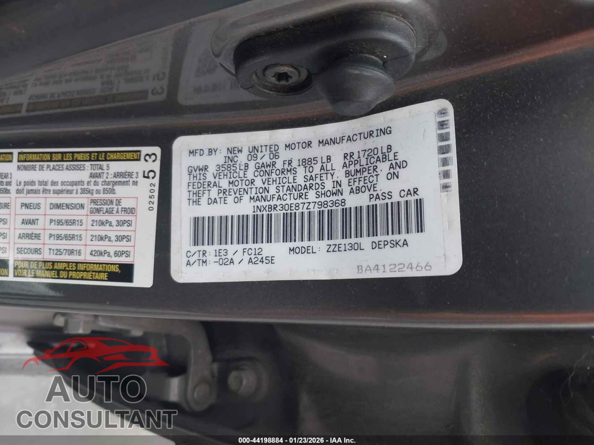 TOYOTA COROLLA 2007 - 1NXBR30E87Z798368