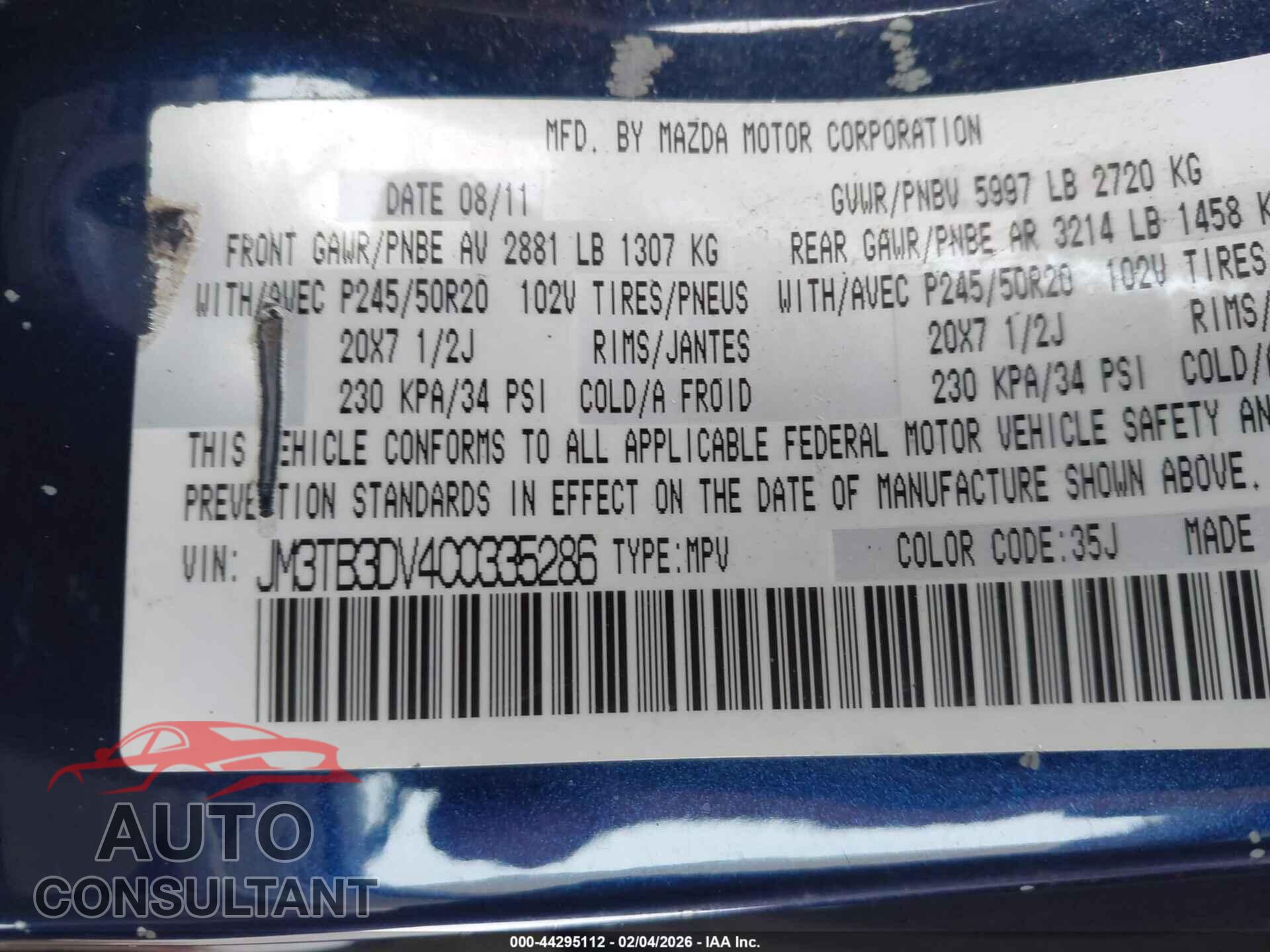 MAZDA CX-9 2012 - JM3TB3DV4C0335286