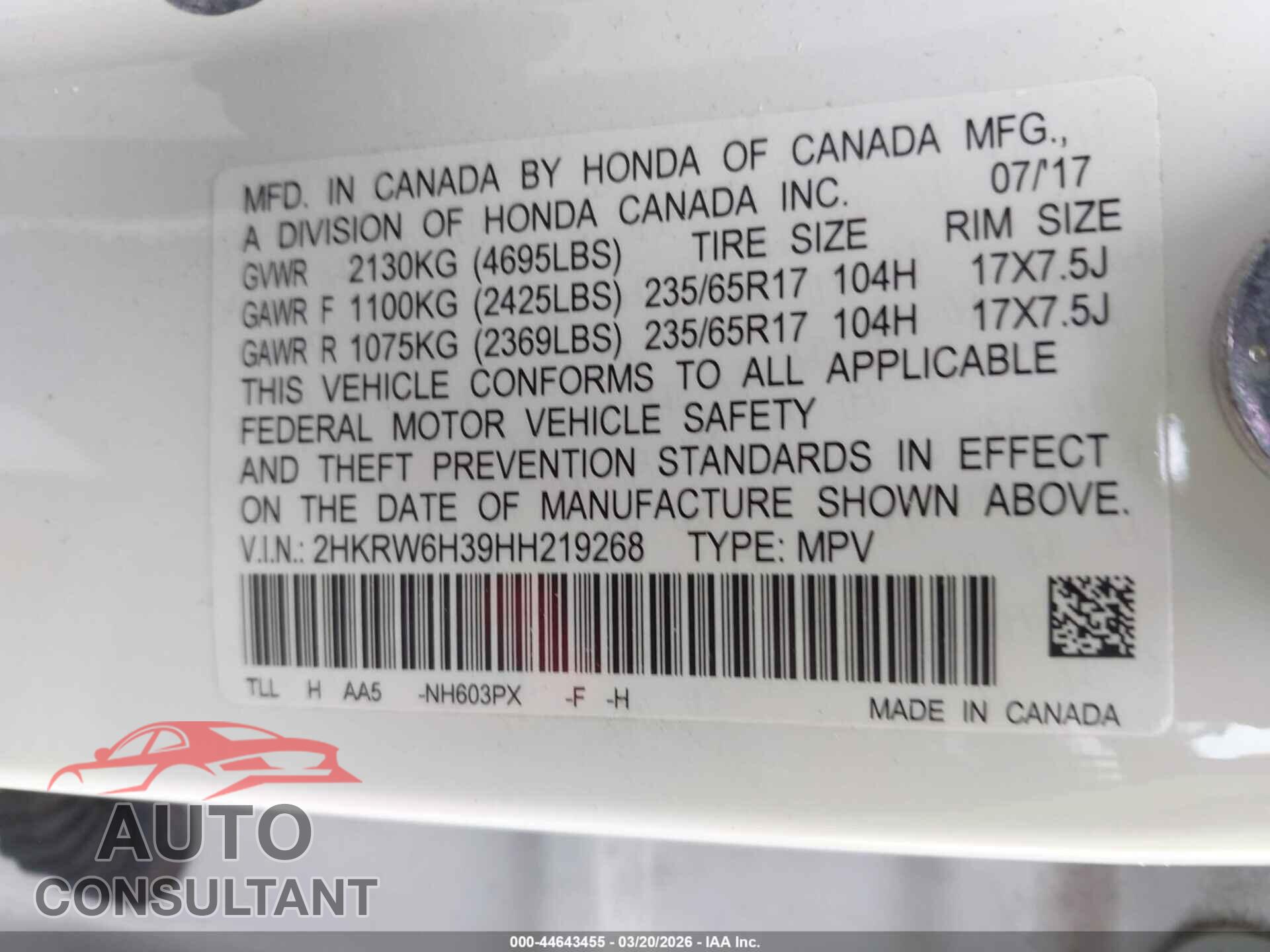 HONDA CR-V 2017 - 2HKRW6H39HH219268