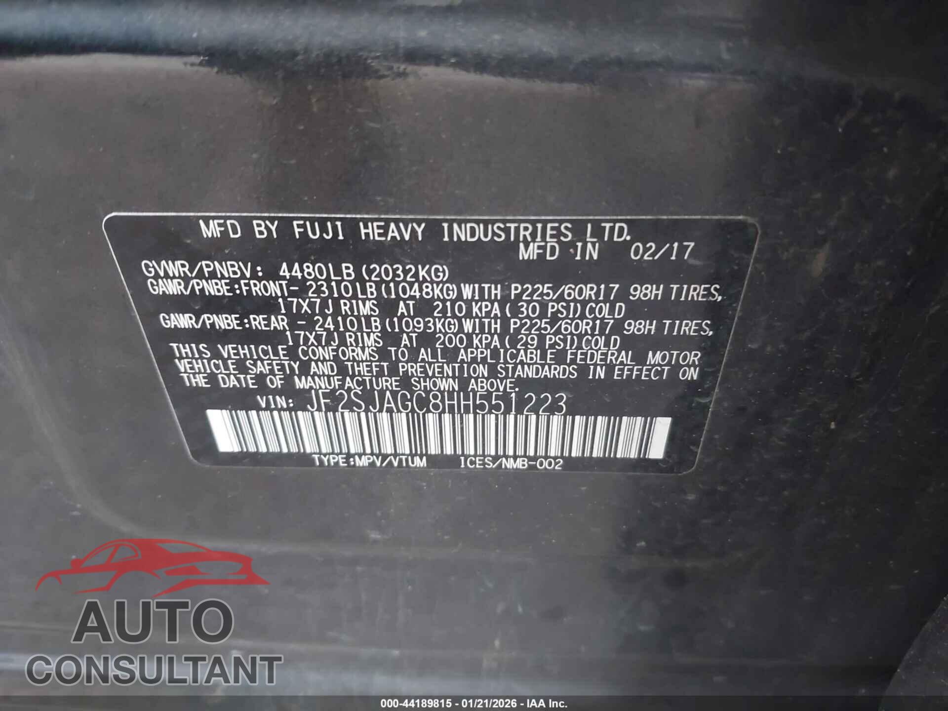 SUBARU FORESTER 2017 - JF2SJAGC8HH551223