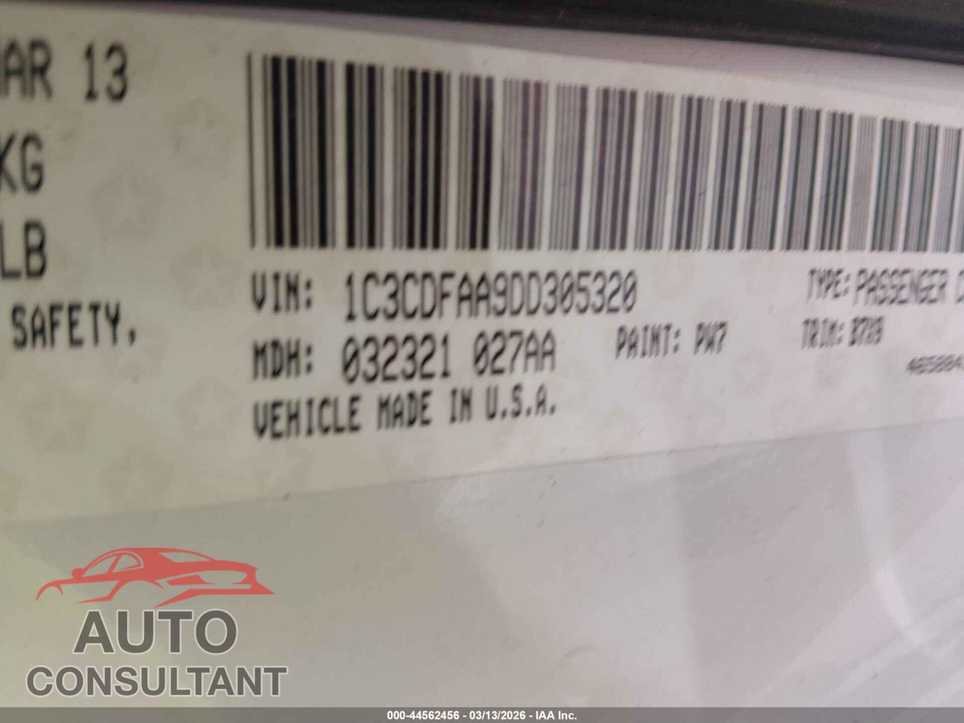DODGE DART 2013 - 1C3CDFAA9DD305320