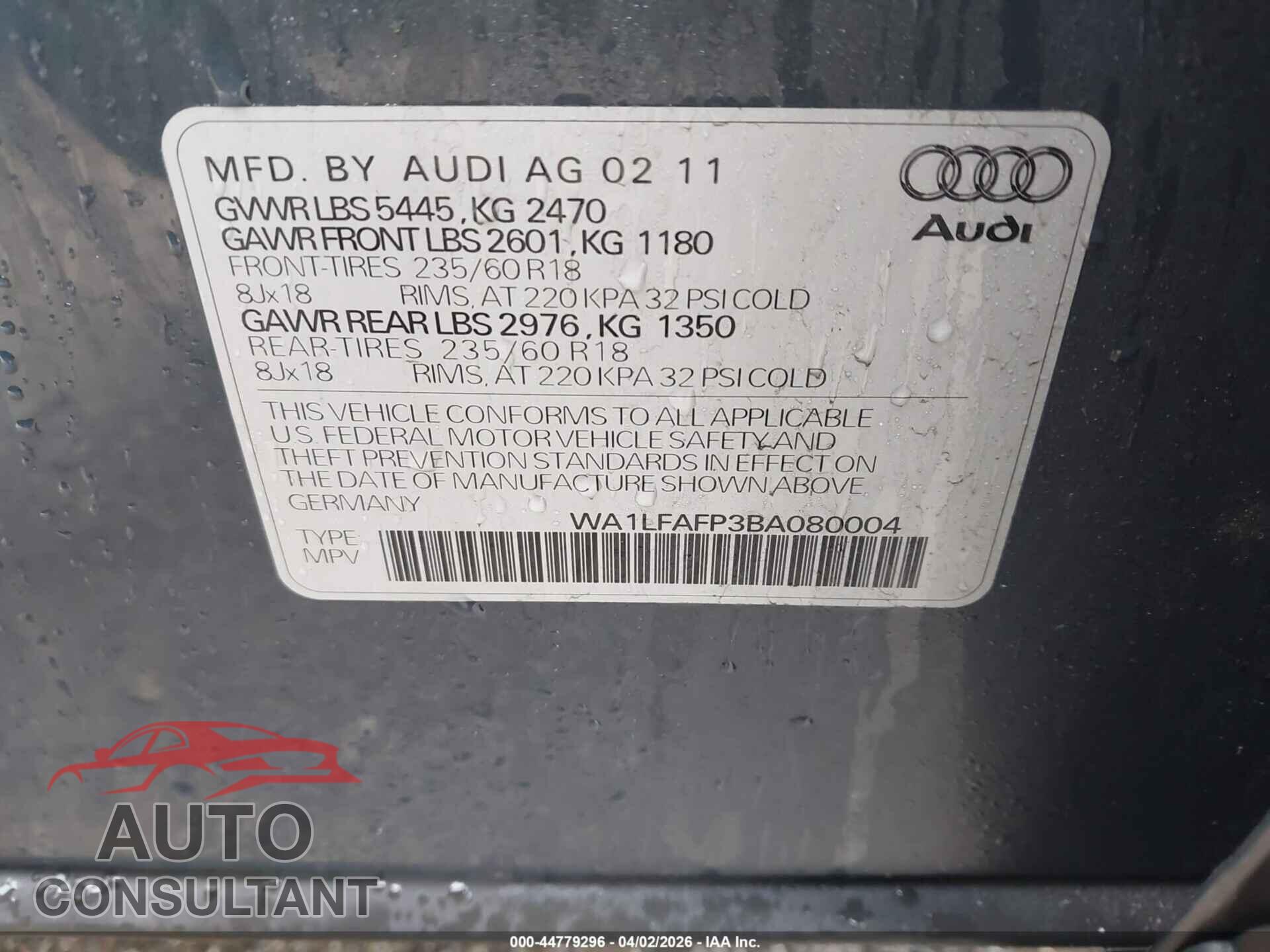 AUDI Q5 2011 - WA1LFAFP3BA080004