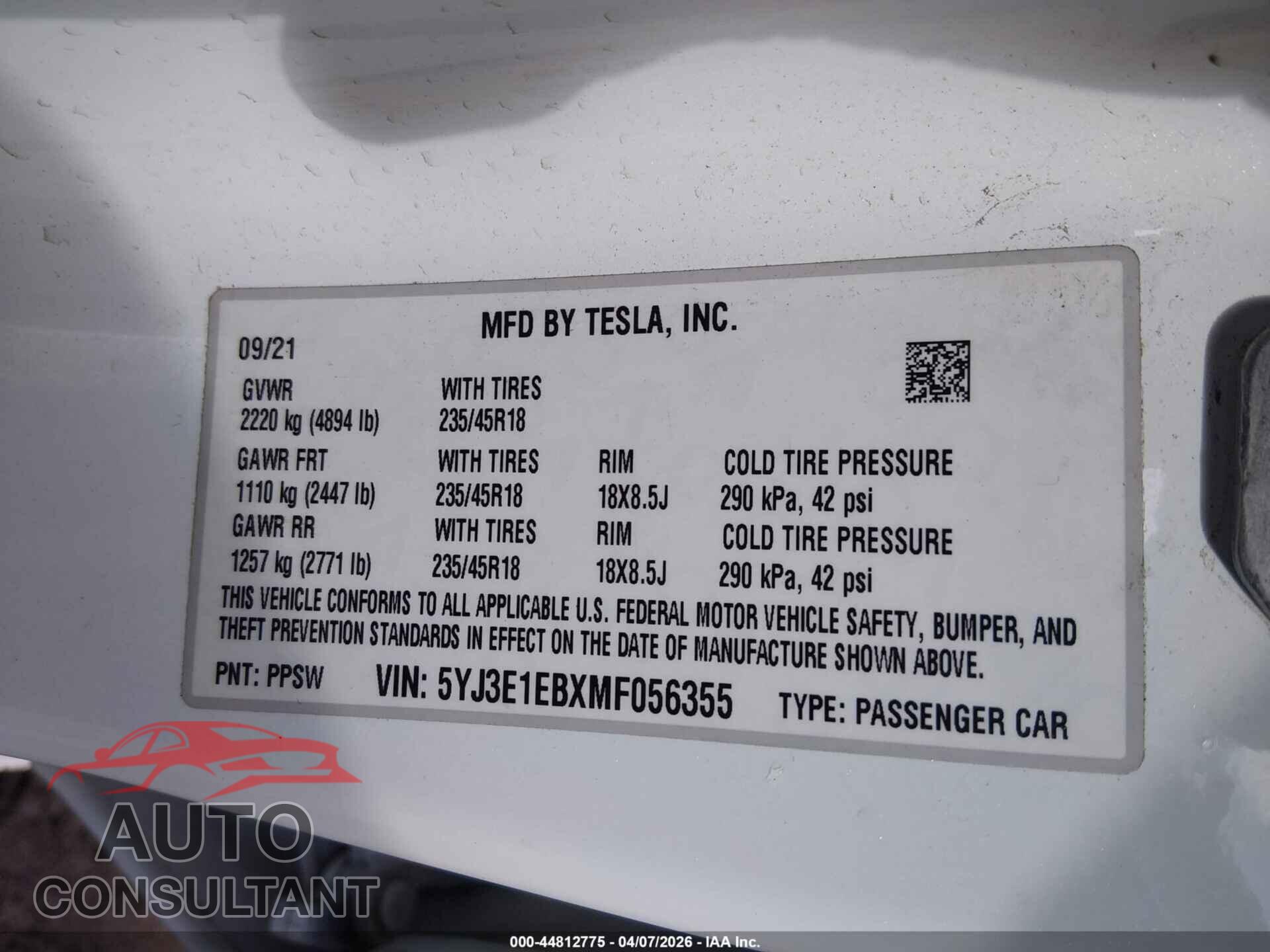 TESLA MODEL 3 2021 - 5YJ3E1EBXMF056355