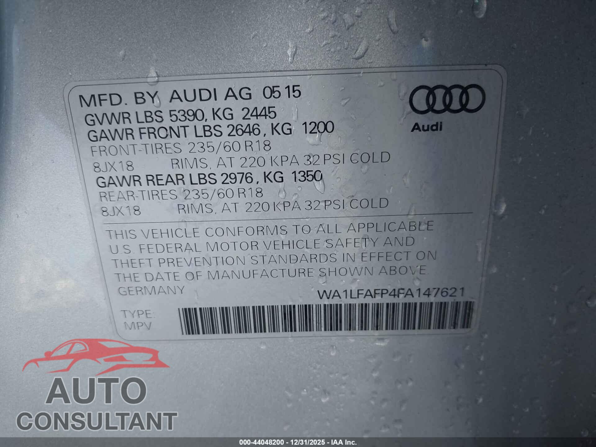 AUDI Q5 2015 - WA1LFAFP4FA147621