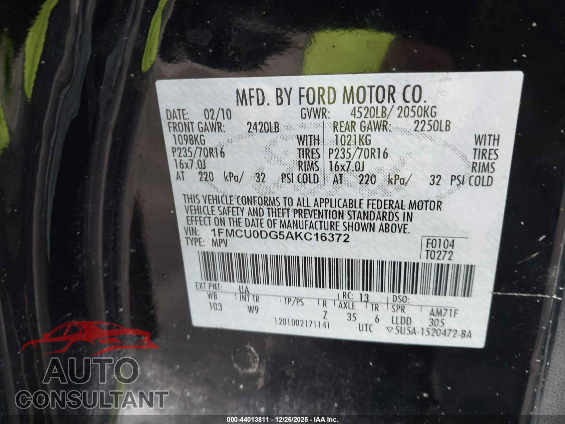 FORD ESCAPE 2010 - 1FMCU0DG5AKC16372