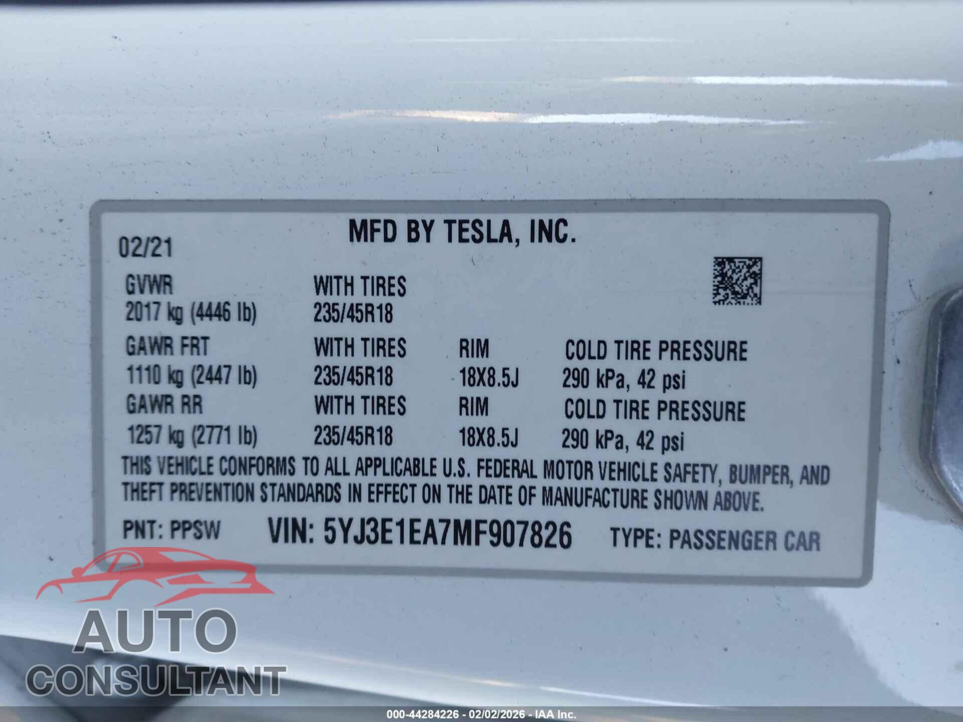 TESLA MODEL 3 2021 - 5YJ3E1EA7MF907826