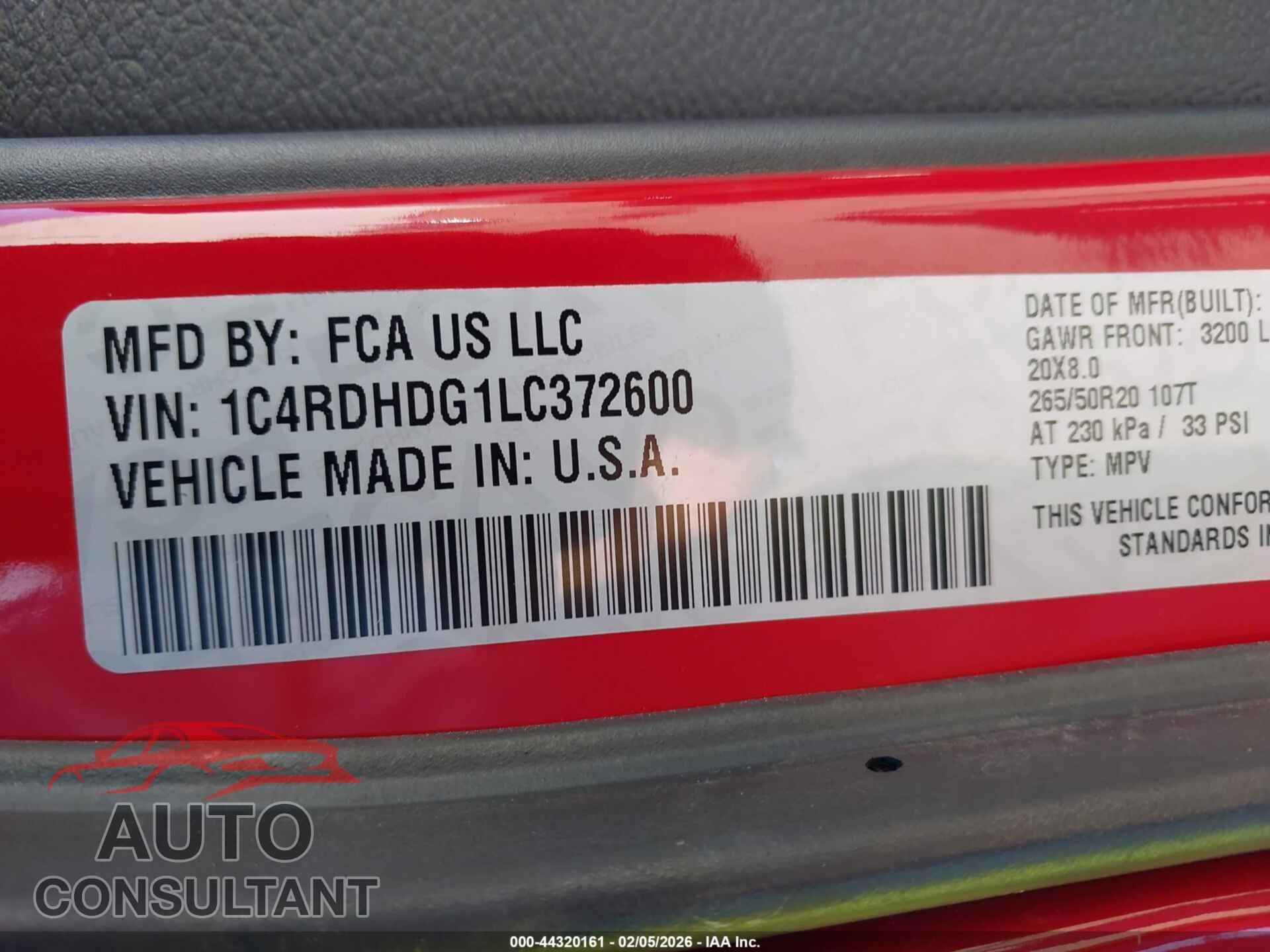 DODGE DURANGO 2020 - 1C4RDHDG1LC372600