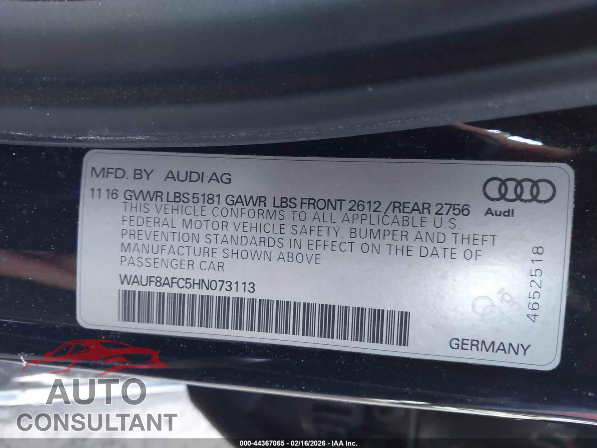 AUDI A6 2017 - WAUF8AFC5HN073113