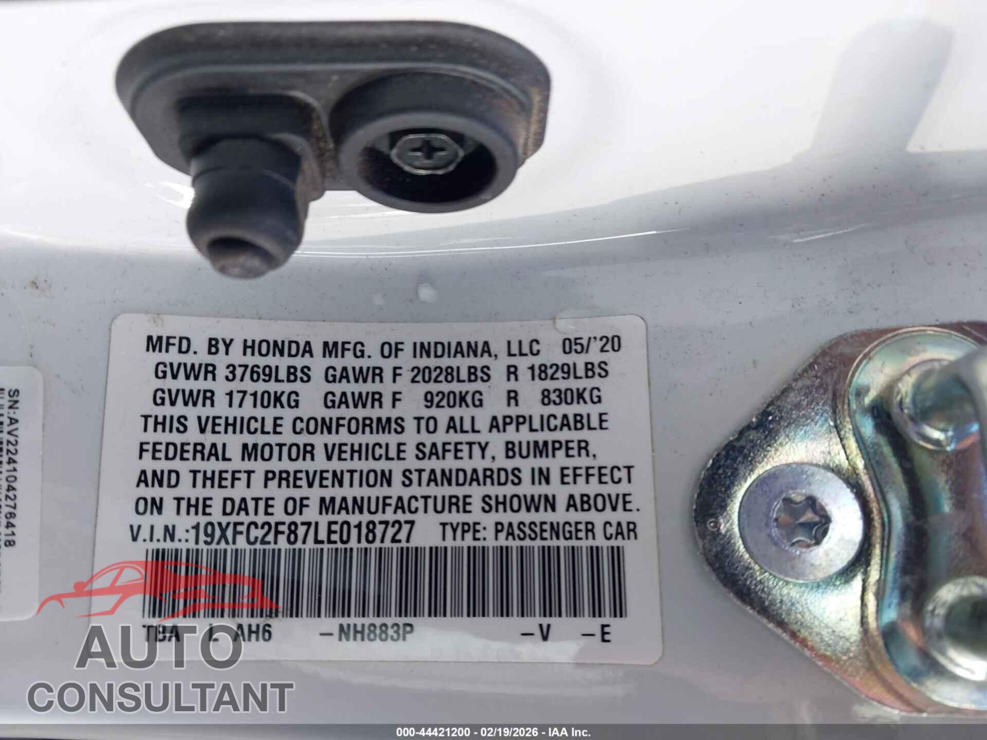 HONDA CIVIC 2020 - 19XFC2F87LE018727