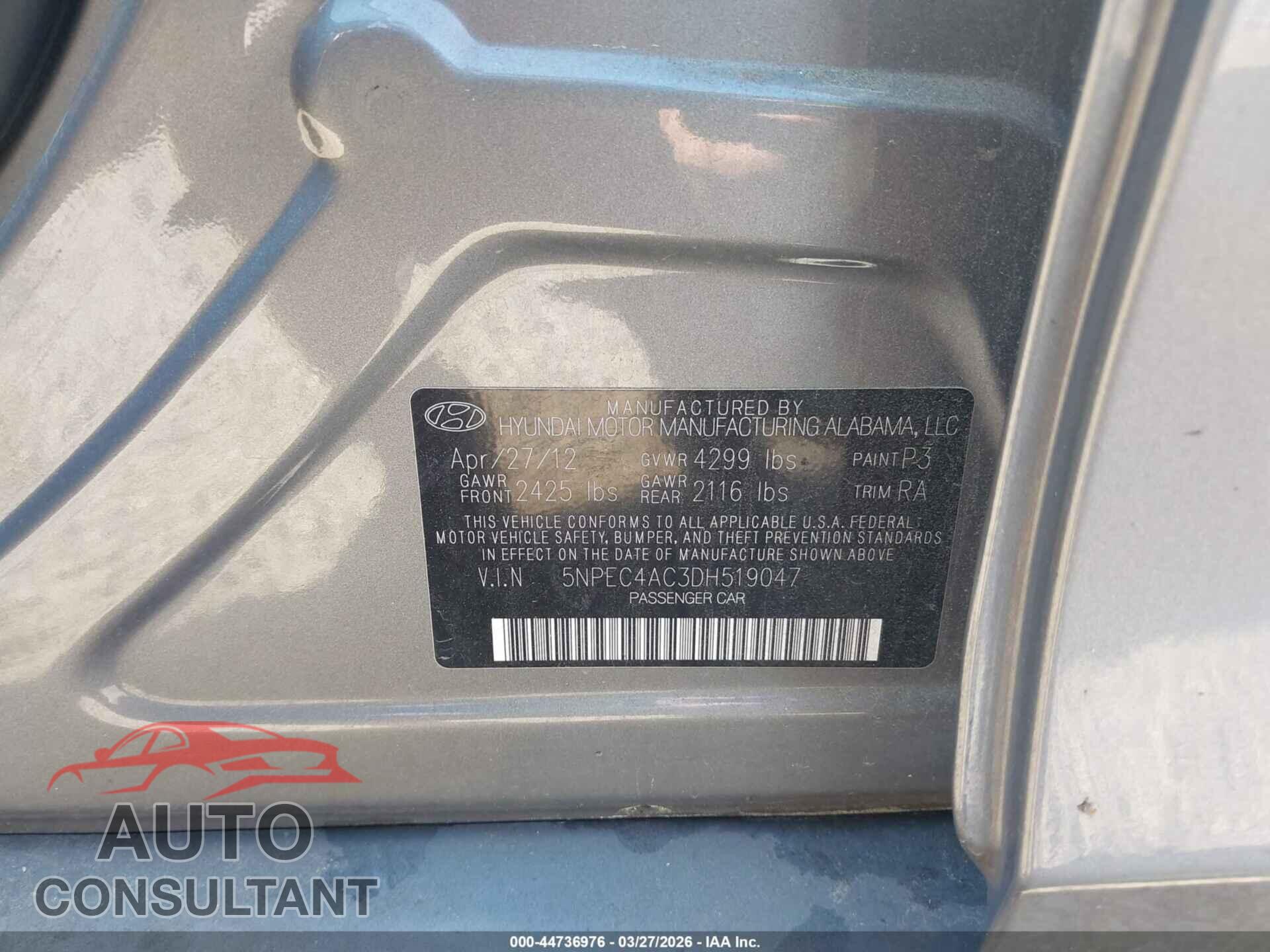 HYUNDAI SONATA 2013 - 5NPEC4AC3DH519047