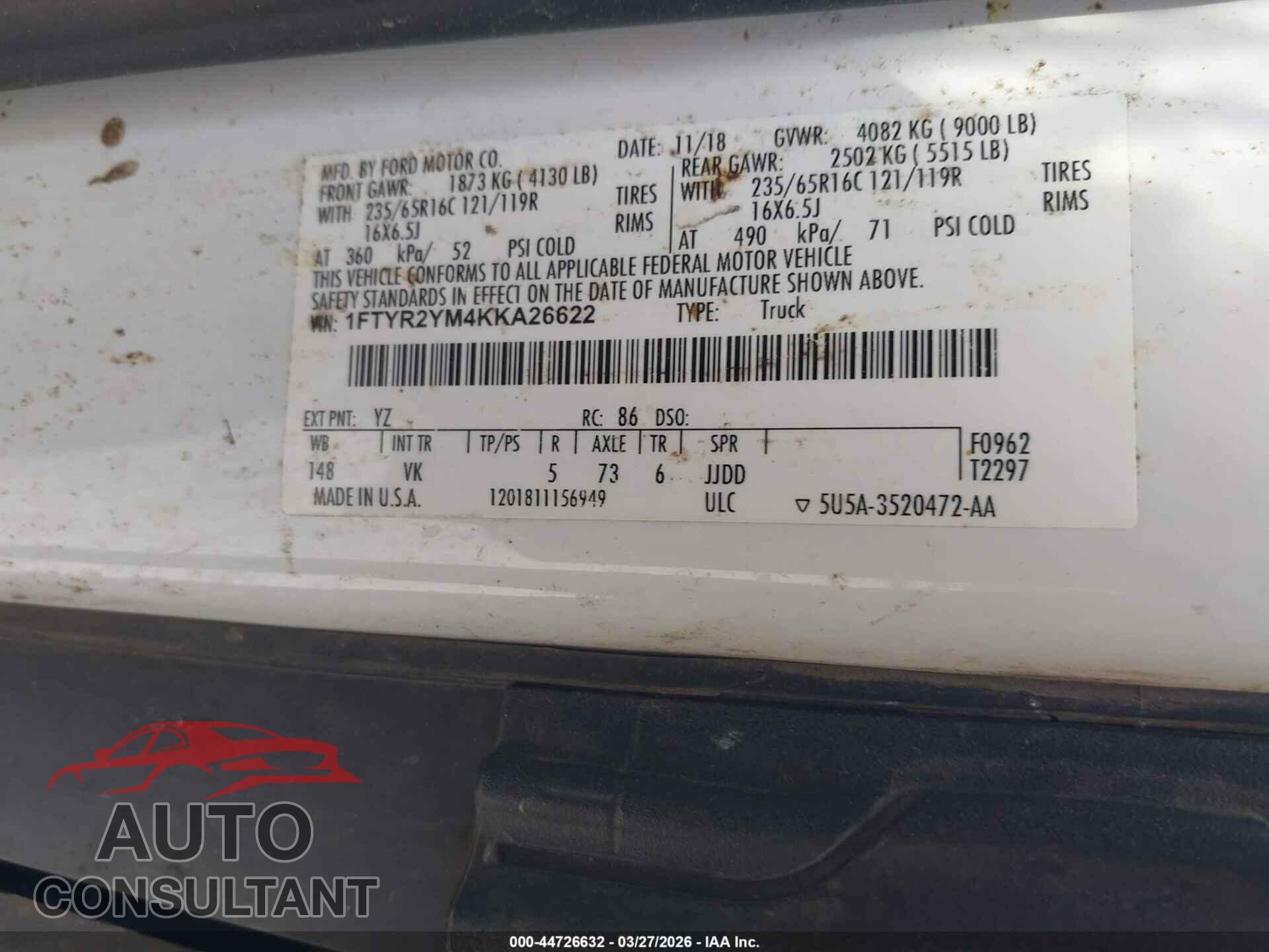 FORD TRANSIT-250 2019 - 1FTYR2YM4KKA26622