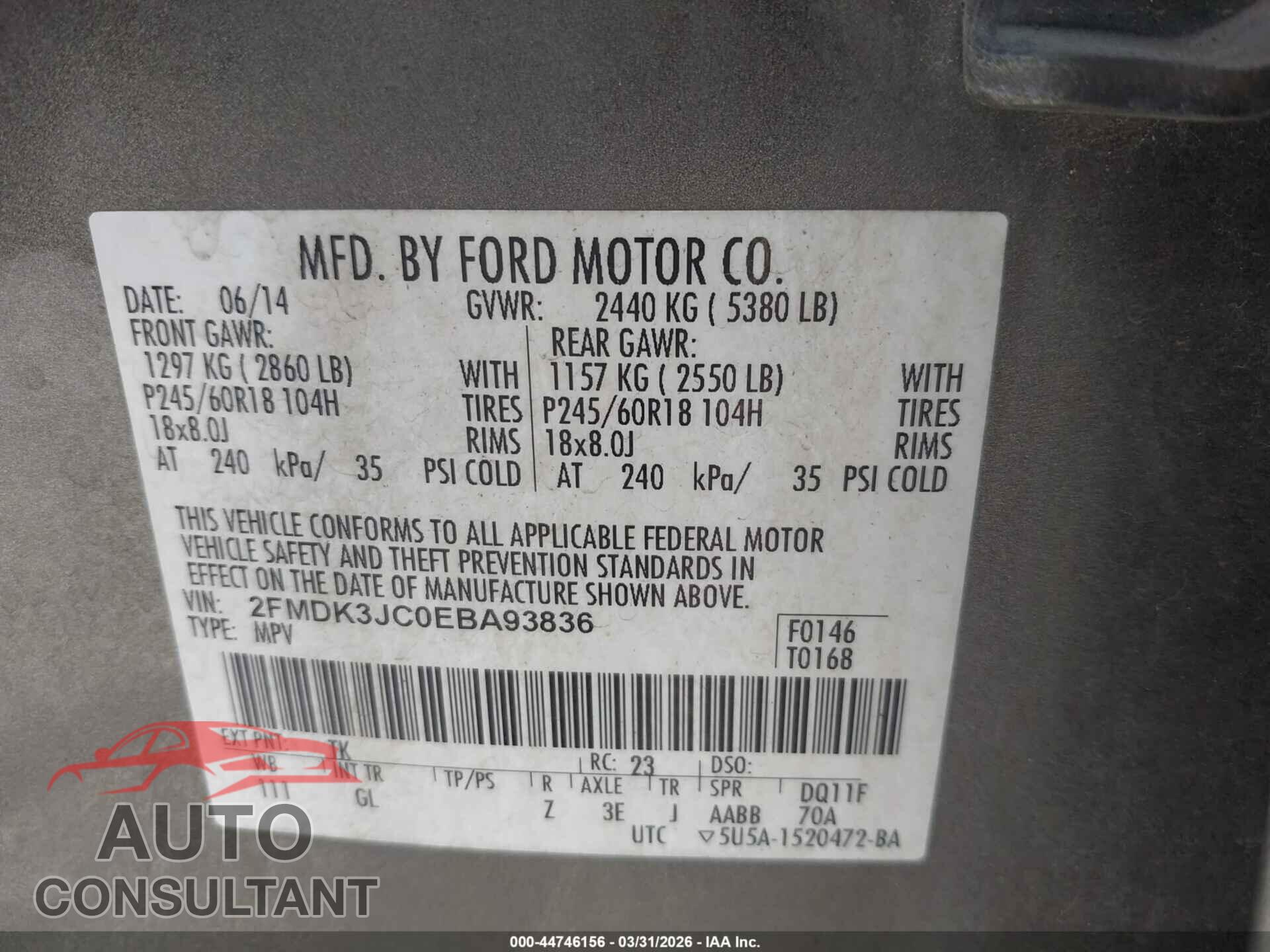 FORD EDGE 2014 - 2FMDK3JC0EBA93836
