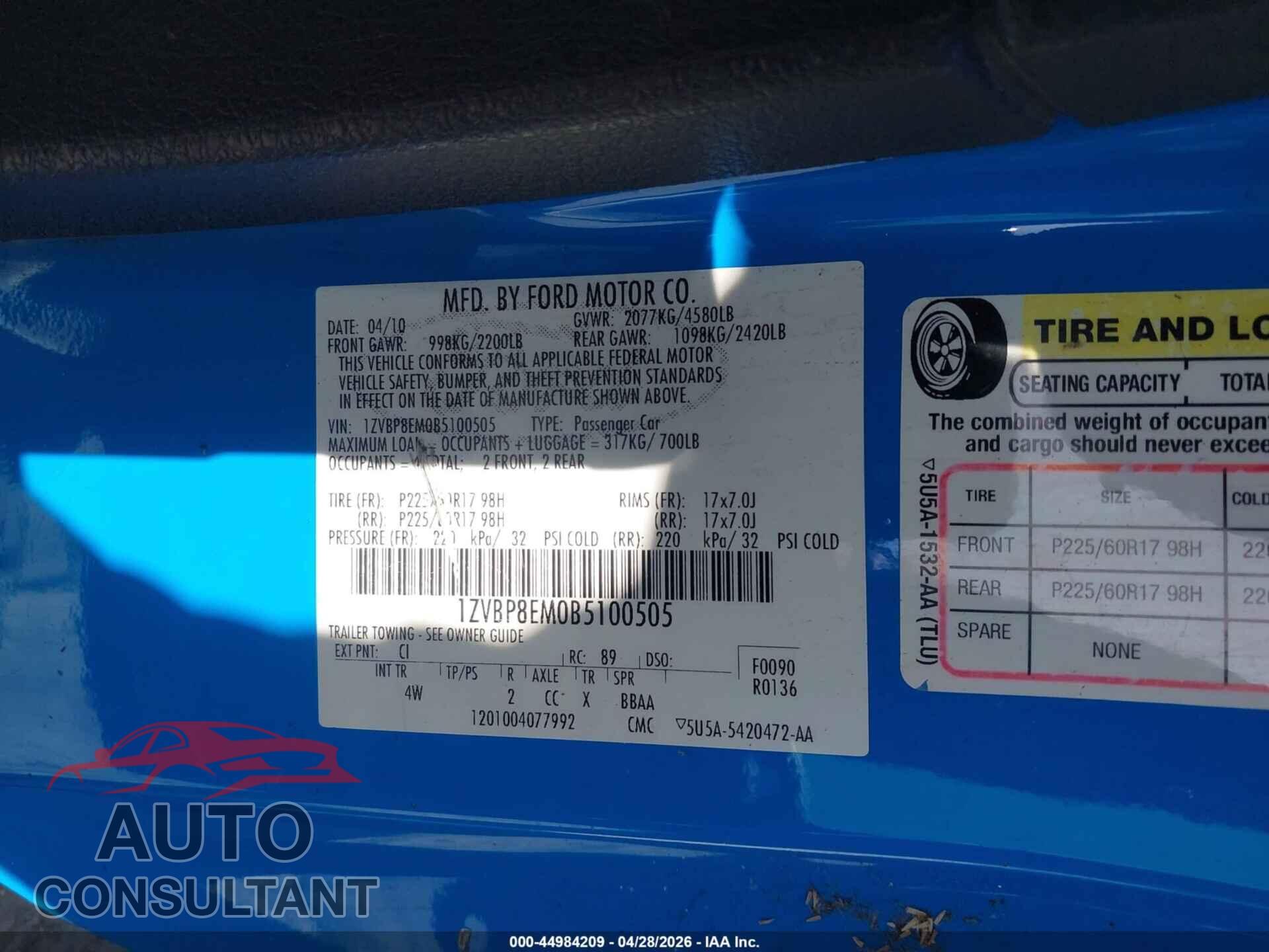 FORD MUSTANG 2011 - 1ZVBP8EM0B5100505