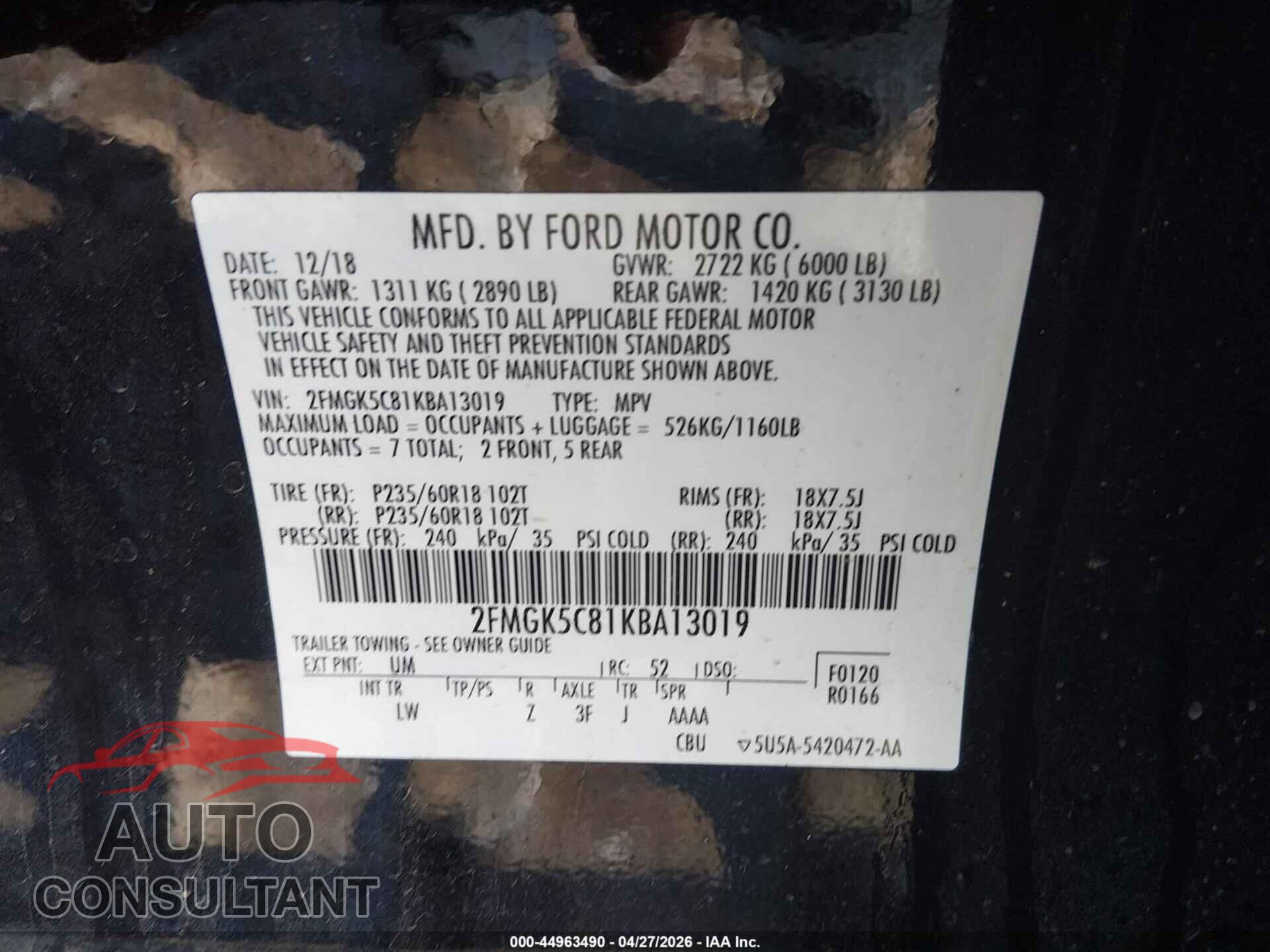 FORD FLEX 2019 - 2FMGK5C81KBA13019