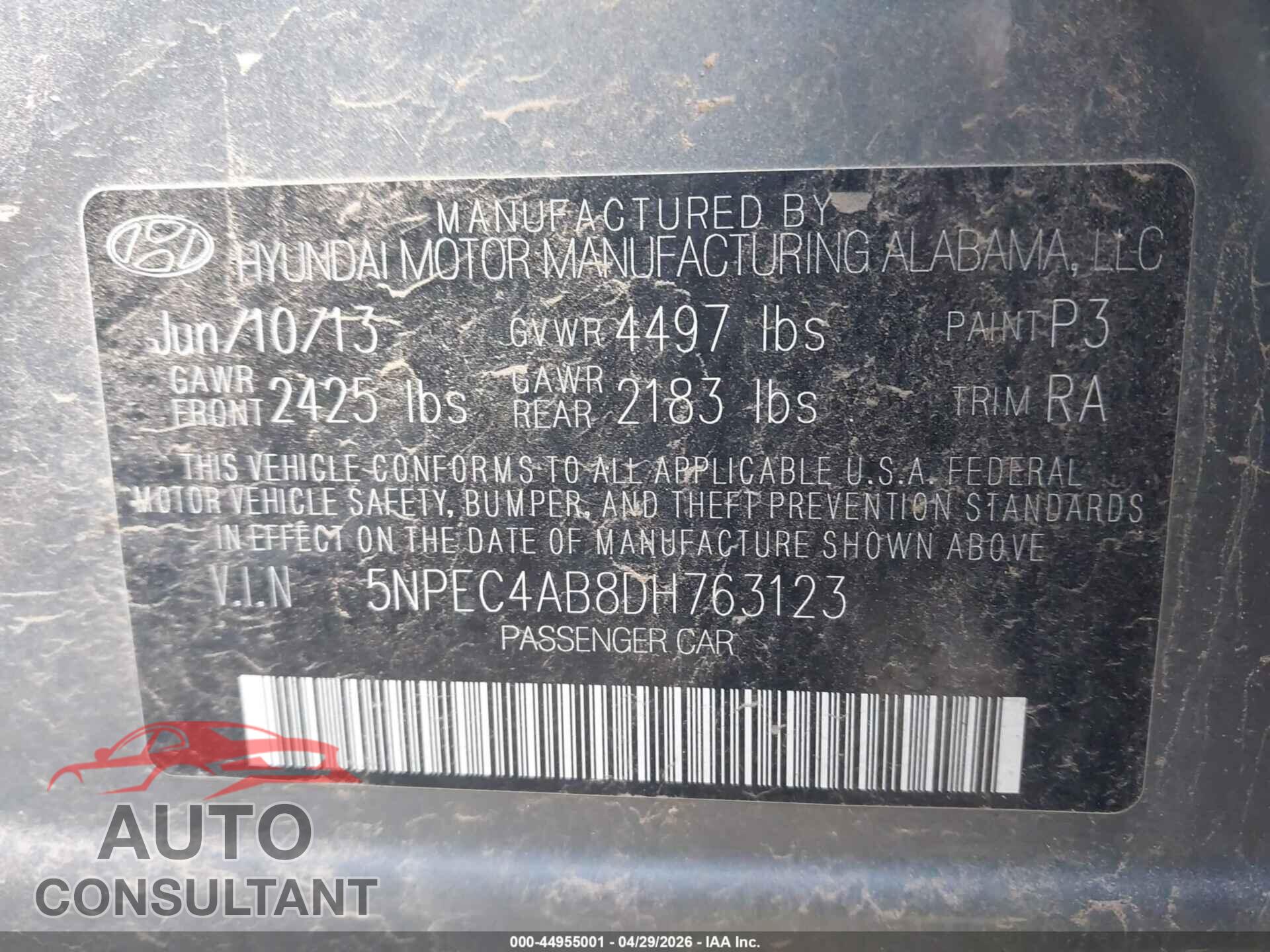 HYUNDAI SONATA 2013 - 5NPEC4AB8DH763123
