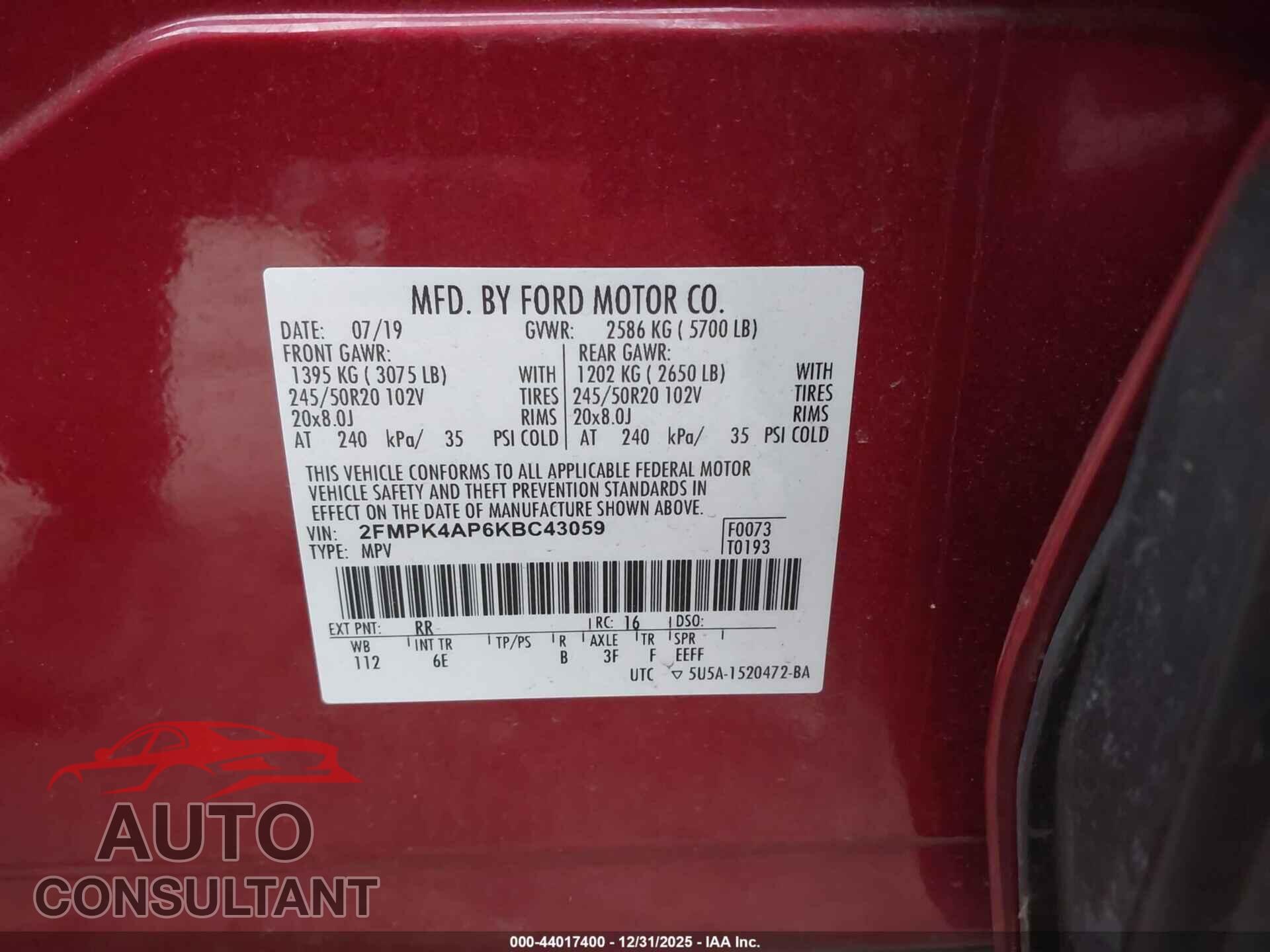 FORD EDGE 2019 - 2FMPK4AP6KBC43059