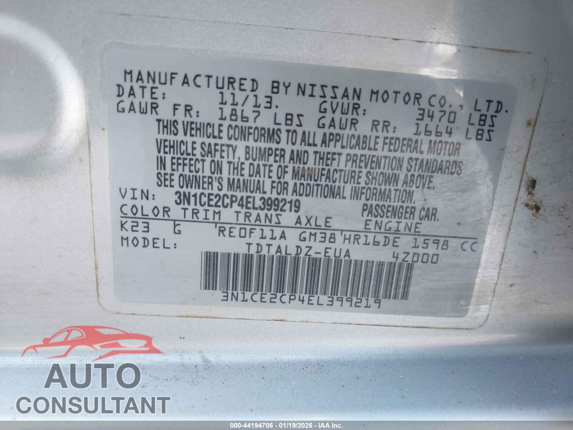 NISSAN VERSA NOTE 2014 - 3N1CE2CP4EL399219