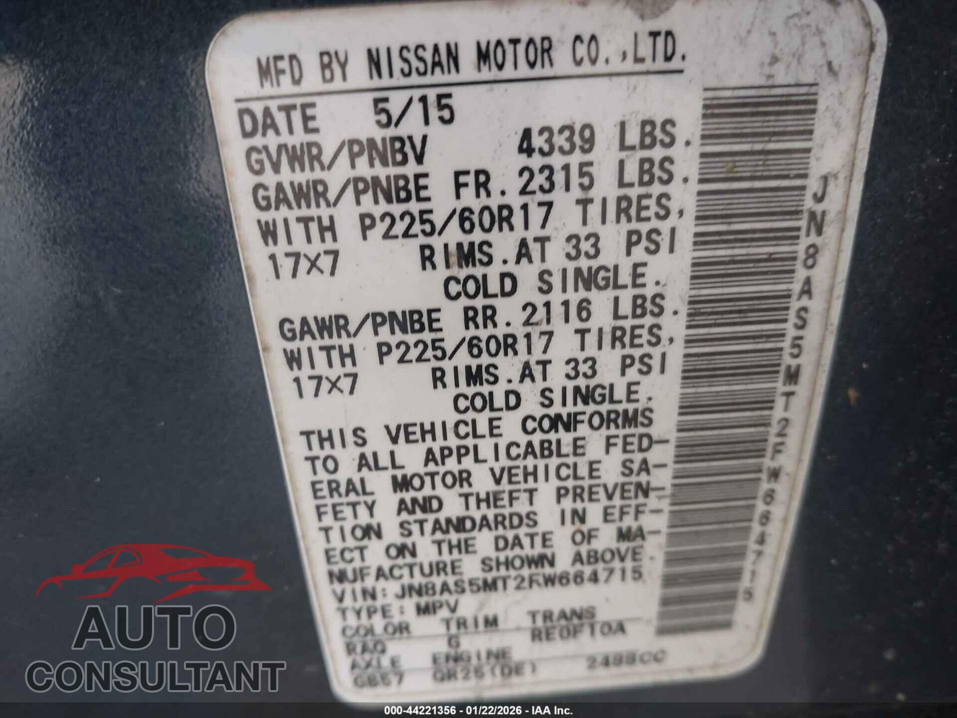 NISSAN ROGUE SELECT 2015 - JN8AS5MT2FW664715
