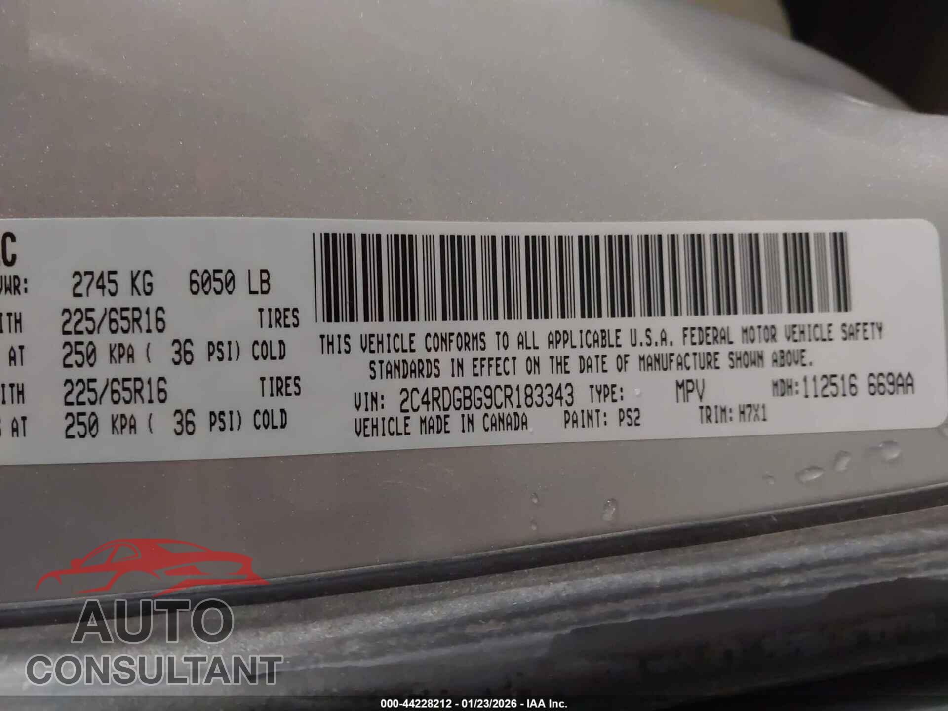 DODGE GRAND CARAVAN 2012 - 2C4RDGBG9CR183343