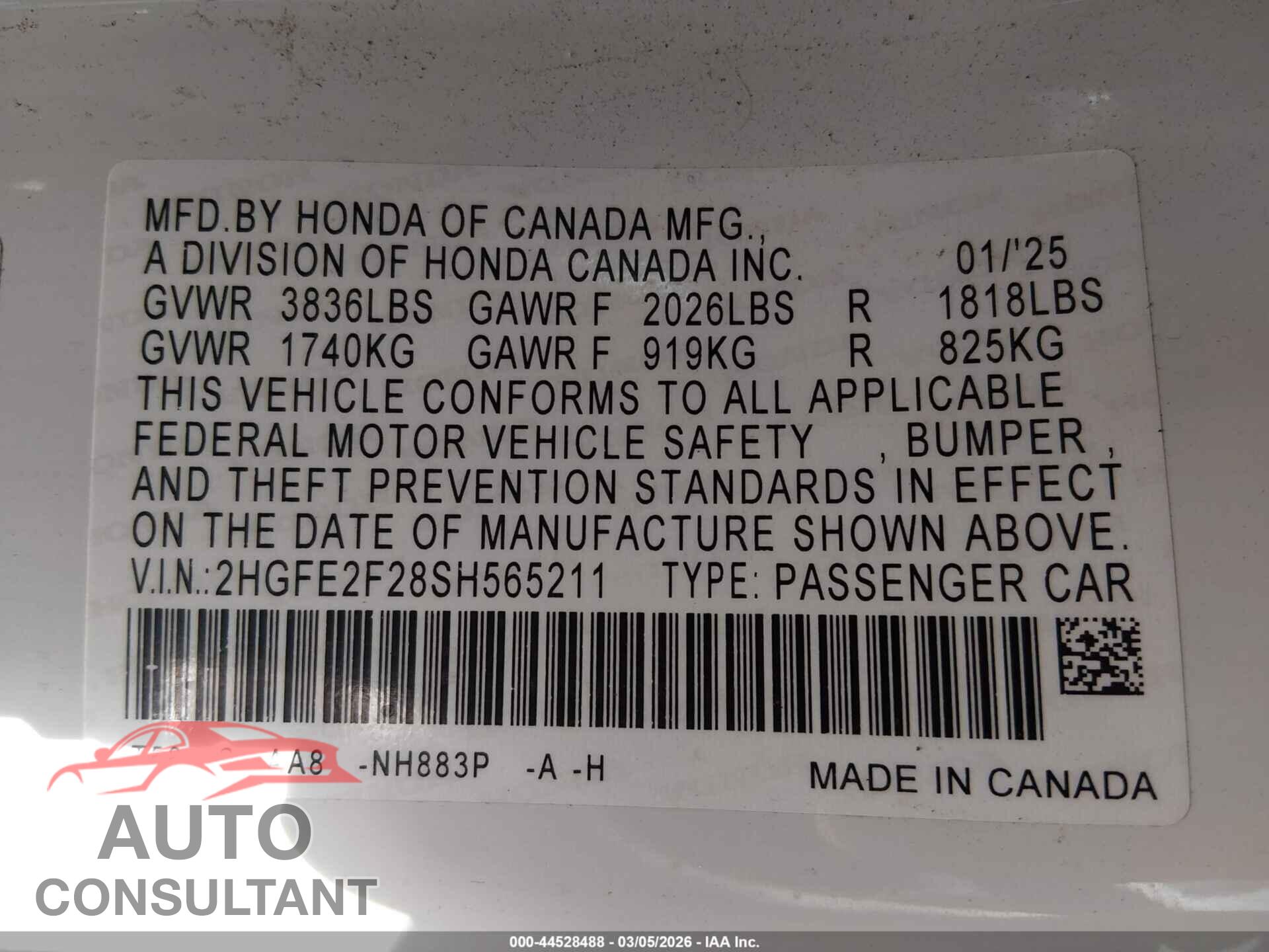 HONDA CIVIC 2025 - 2HGFE2F28SH565211