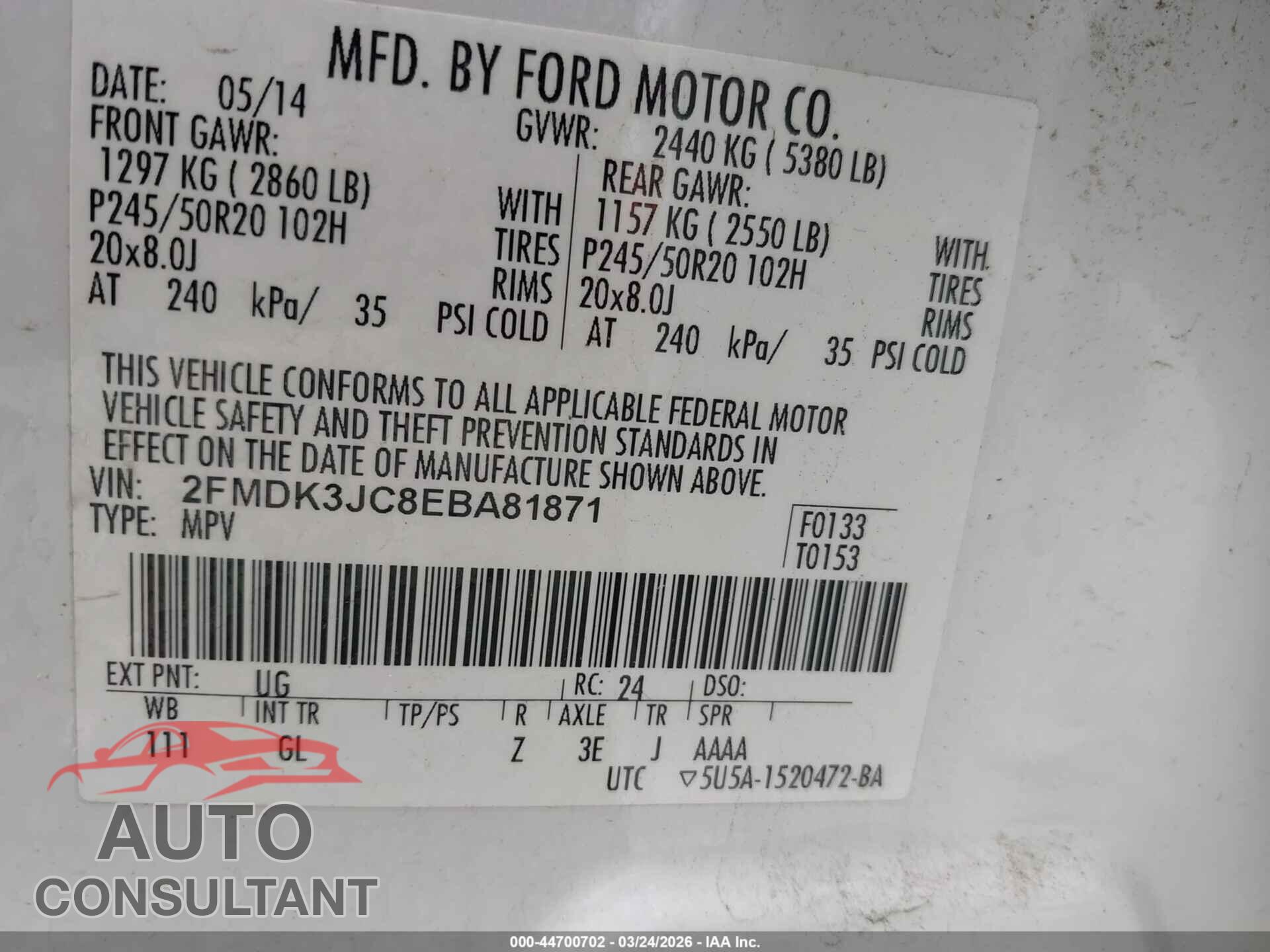 FORD EDGE 2014 - 2FMDK3JC8EBA81871