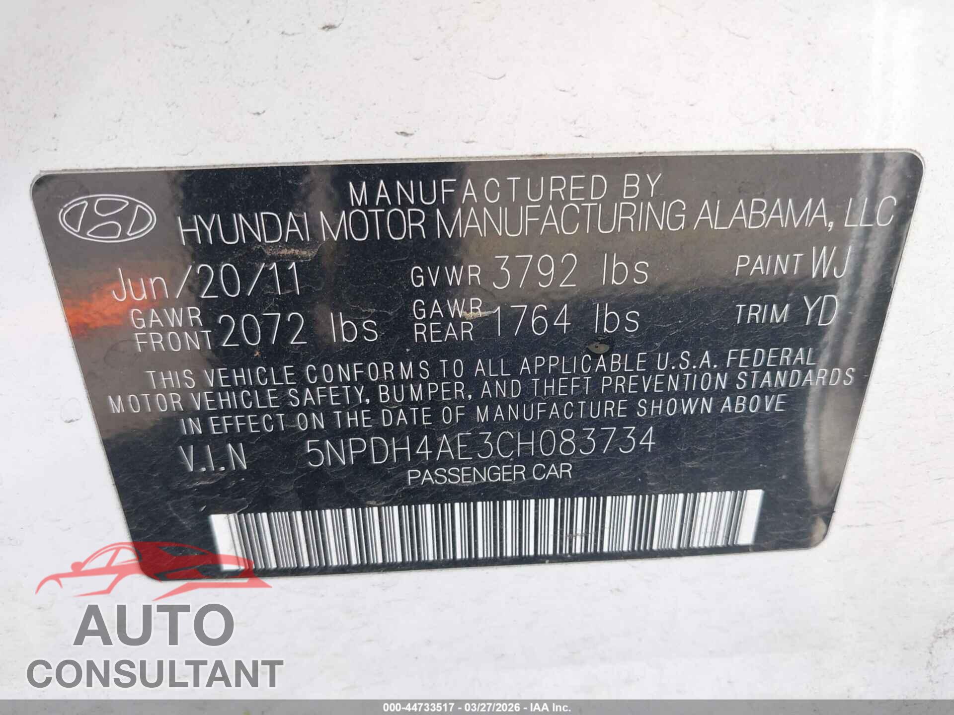 HYUNDAI ELANTRA 2012 - 5NPDH4AE3CH083734