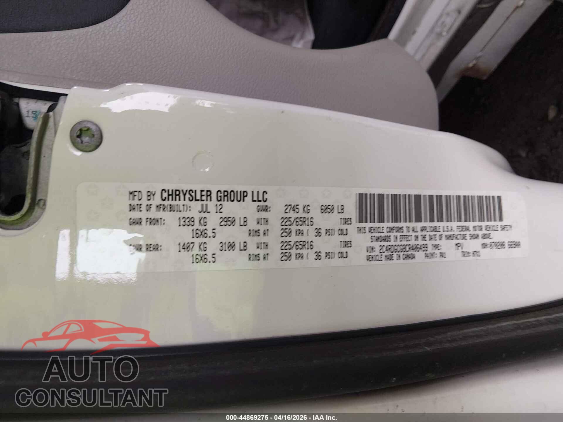 DODGE GRAND CARAVAN 2012 - 2C4RDGCG8CR406499
