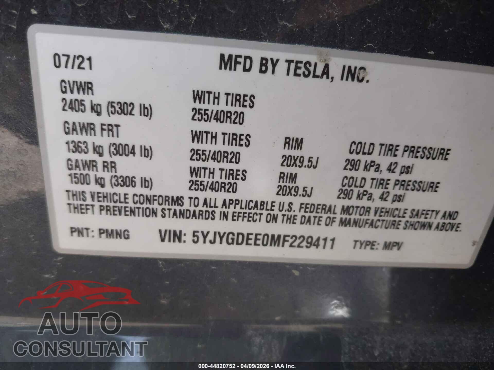 TESLA MODEL Y 2021 - 5YJYGDEE0MF229411