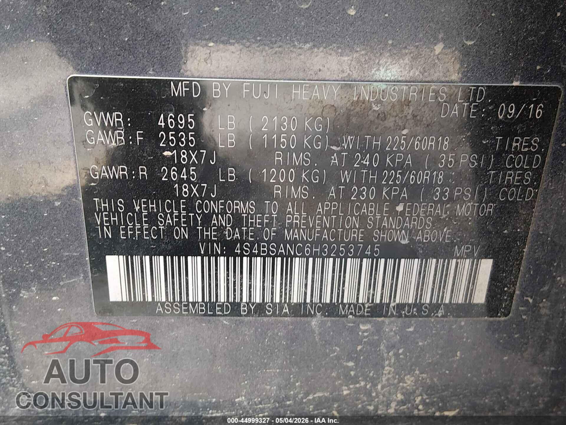 SUBARU OUTBACK 2017 - 4S4BSANC6H3253745