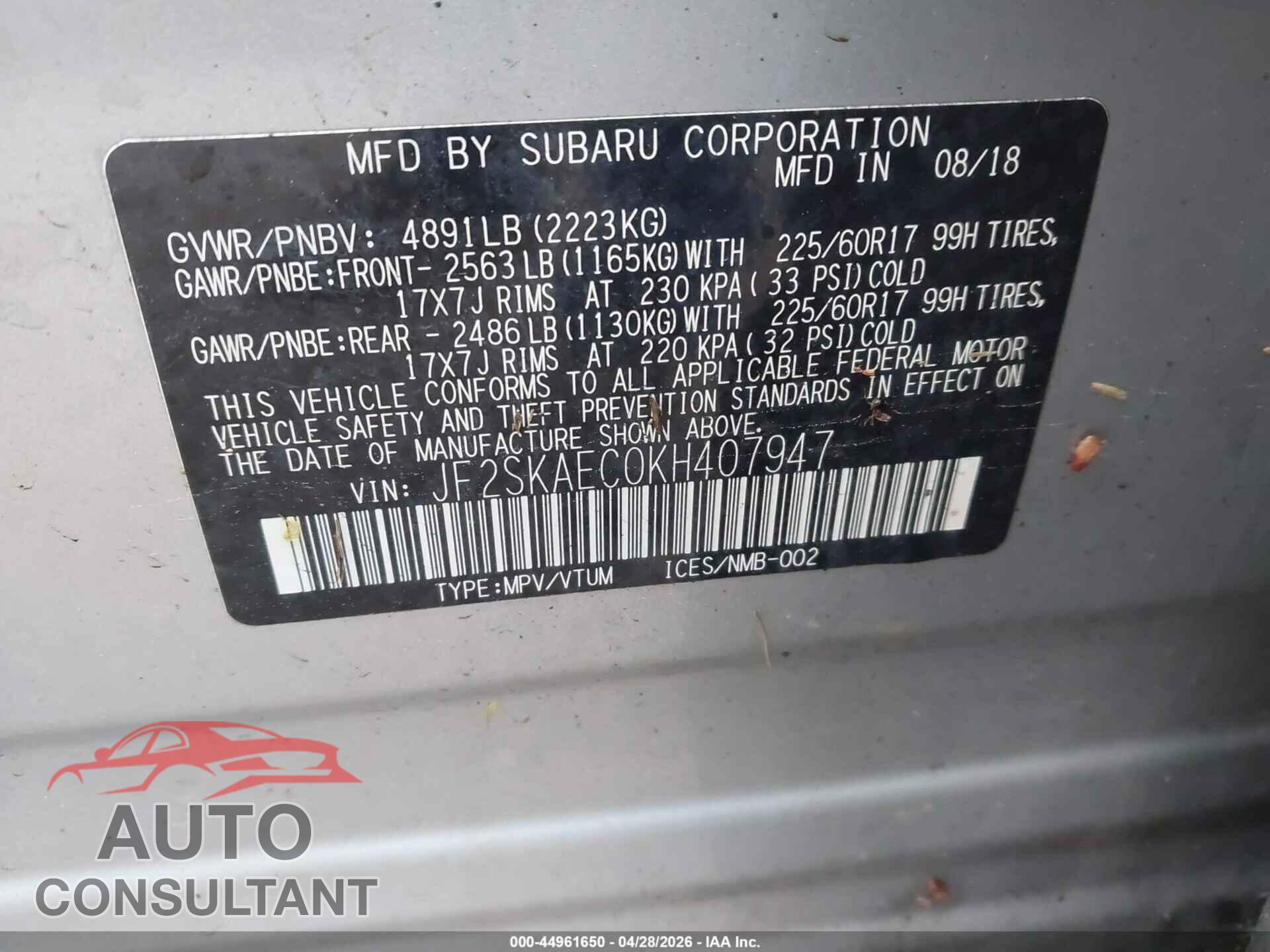 SUBARU FORESTER 2019 - JF2SKAEC0KH407947