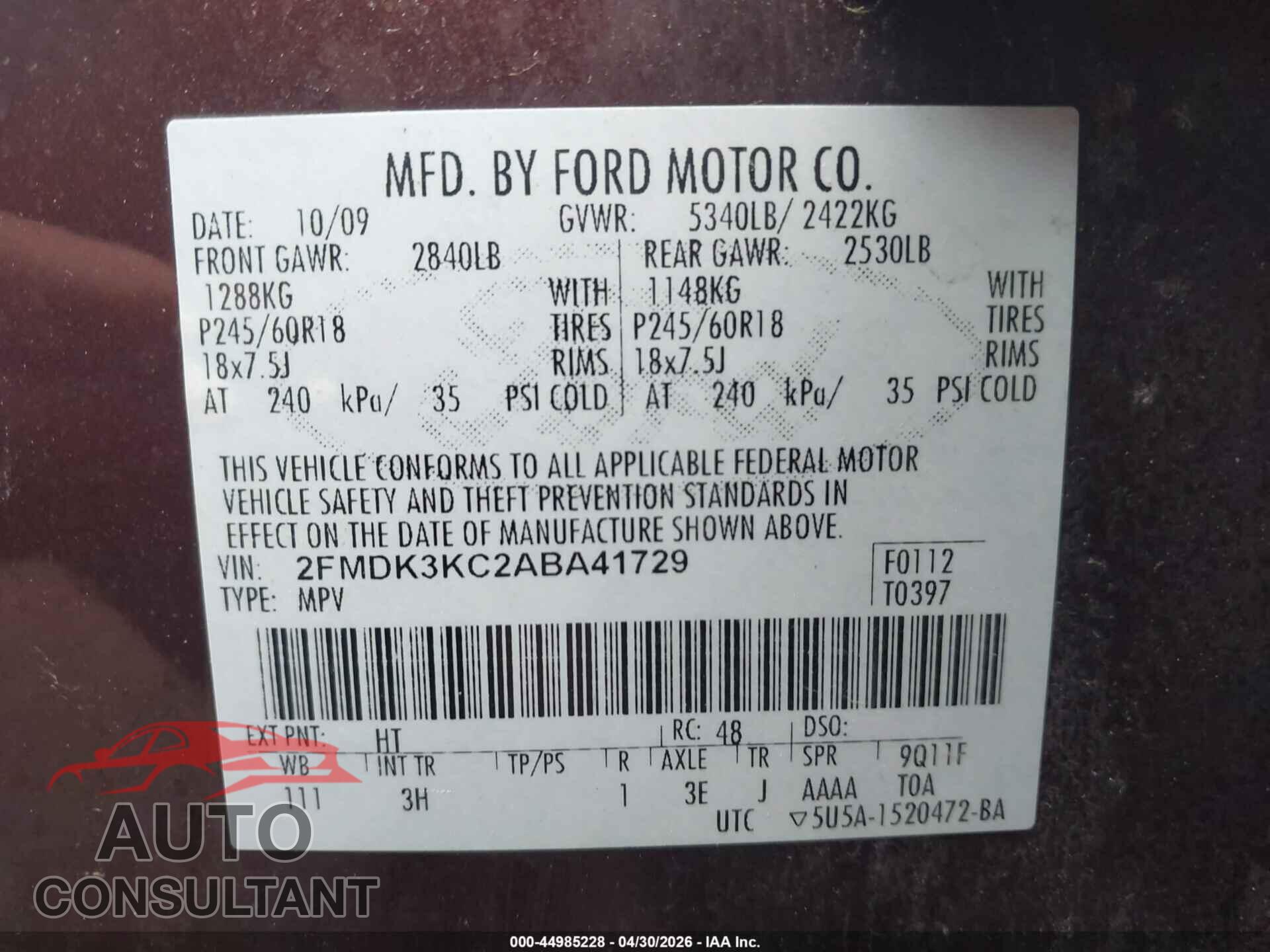 FORD EDGE 2010 - 2FMDK3KC2ABA41729
